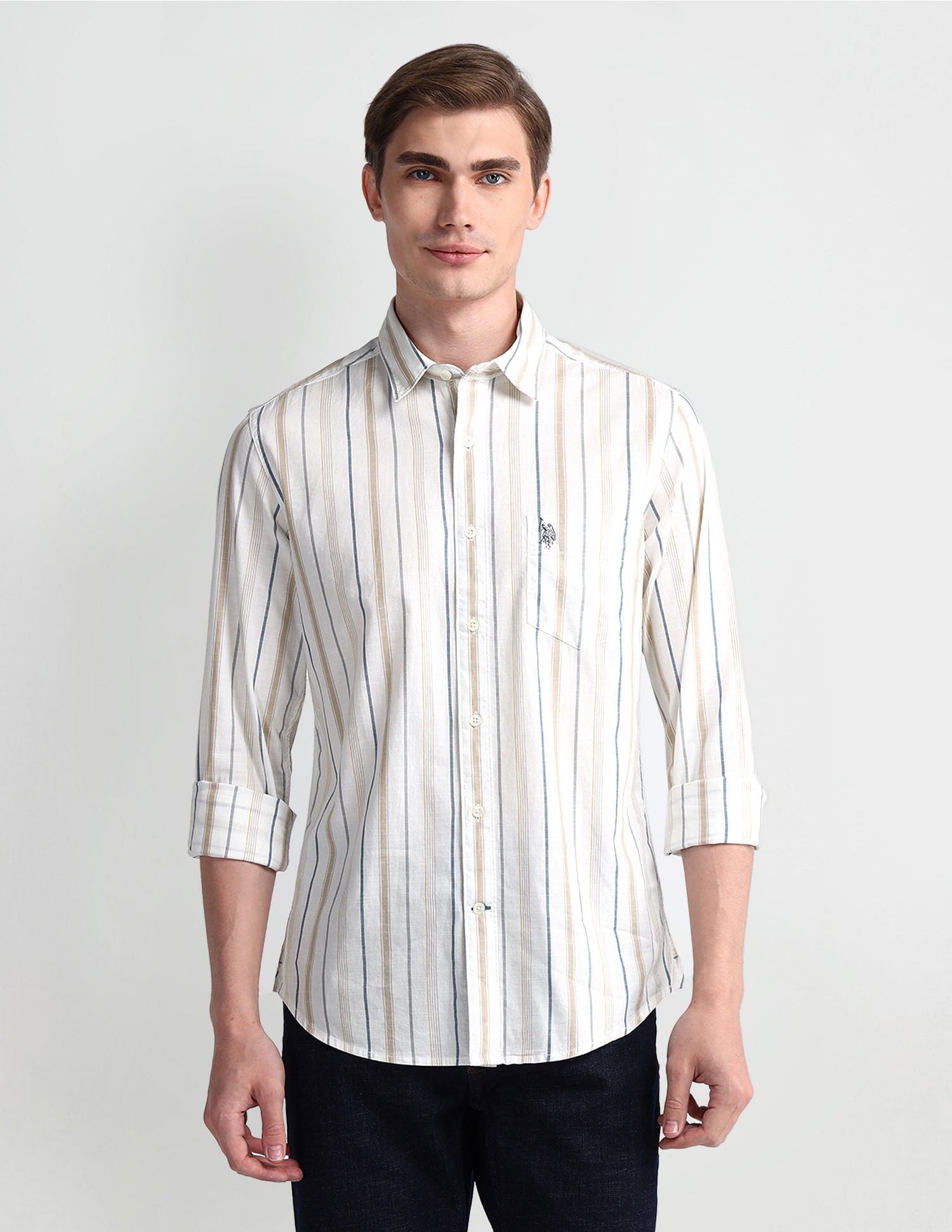Slim Fit Vertical Striped Shirt Beige - U.S. Polo Assn. India | Large