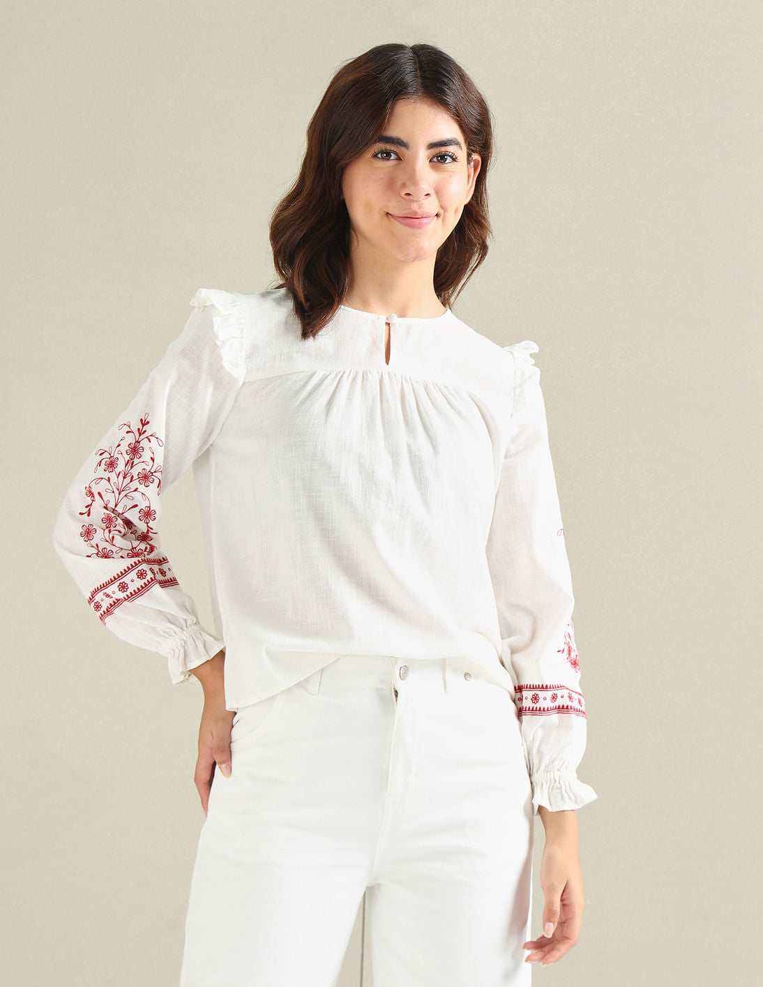 Embroidered Sleeve Cotton Flax Top White - U.S. Polo Assn. India | Large