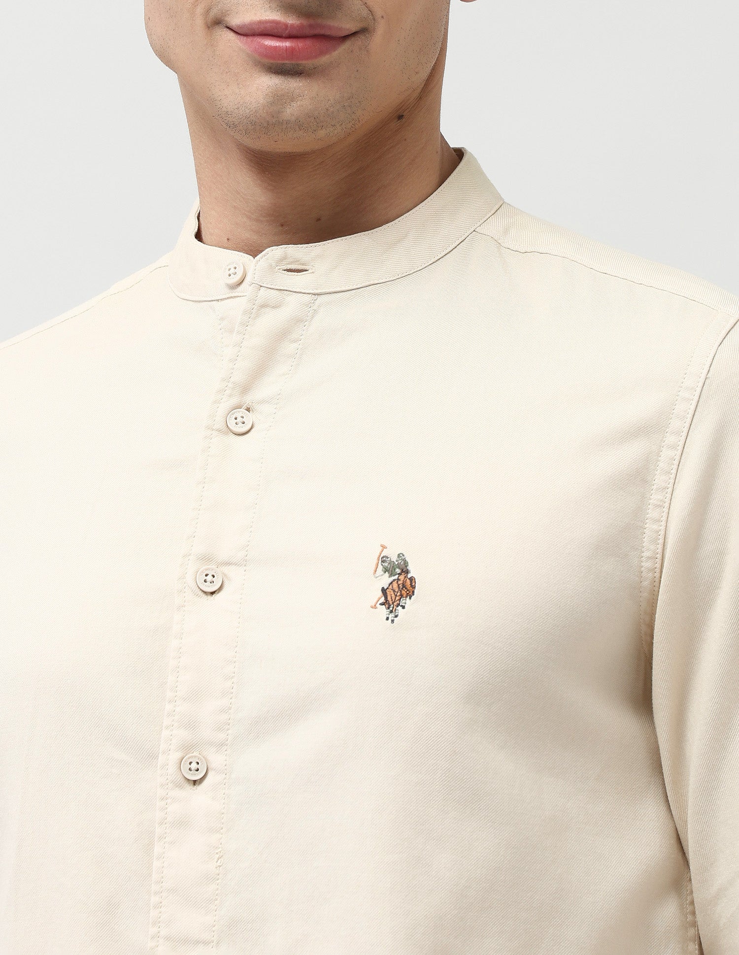 Twill Pure Cotton Mandarin Shirt Ivory - U.S. POLO ASSN. | Large