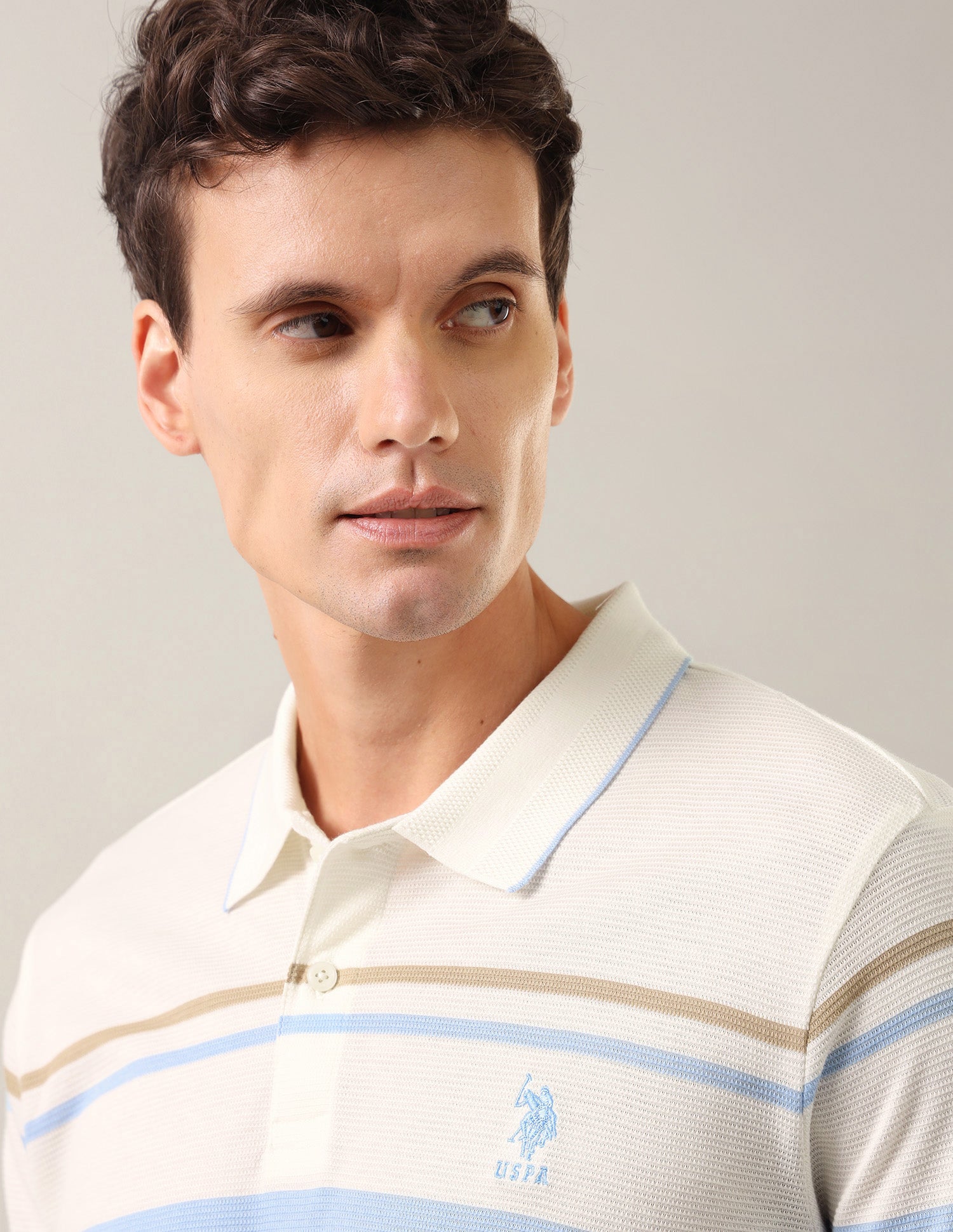 Horizontal Striped Slim Fit Polo Shirt Off White - U.S. Polo Assn. India | Large