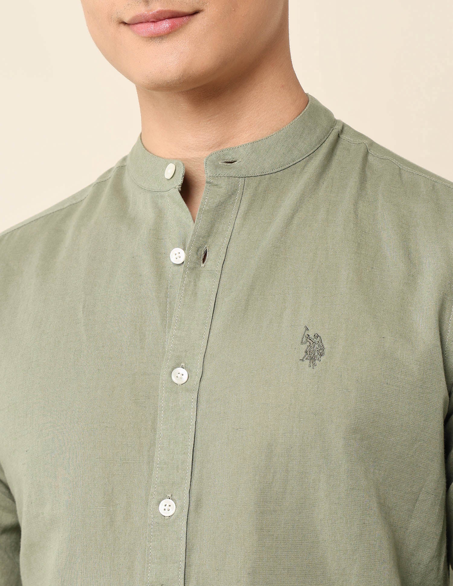 Tailored Fit Mandarin Shirt Light Olive - U.S. Polo Assn. India | Large