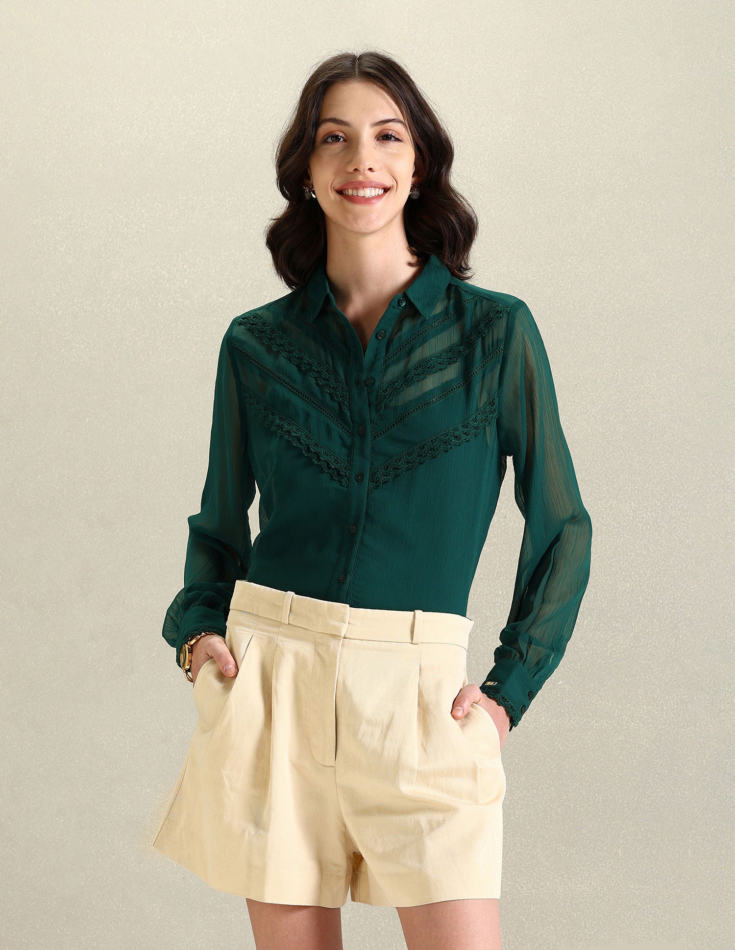 Lace Detail Chiffon Shirt Green - U.S. POLO ASSN. | Large