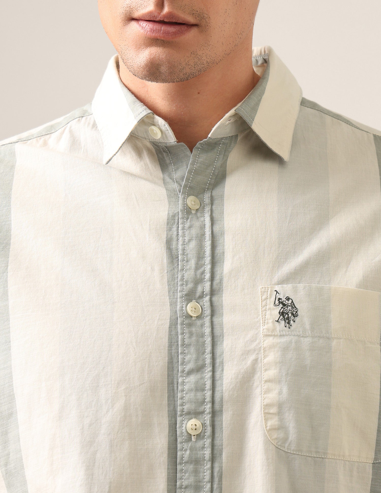 Vertical Striped Regular Fit Shirt Light Olive - U.S. Polo Assn. India | Large