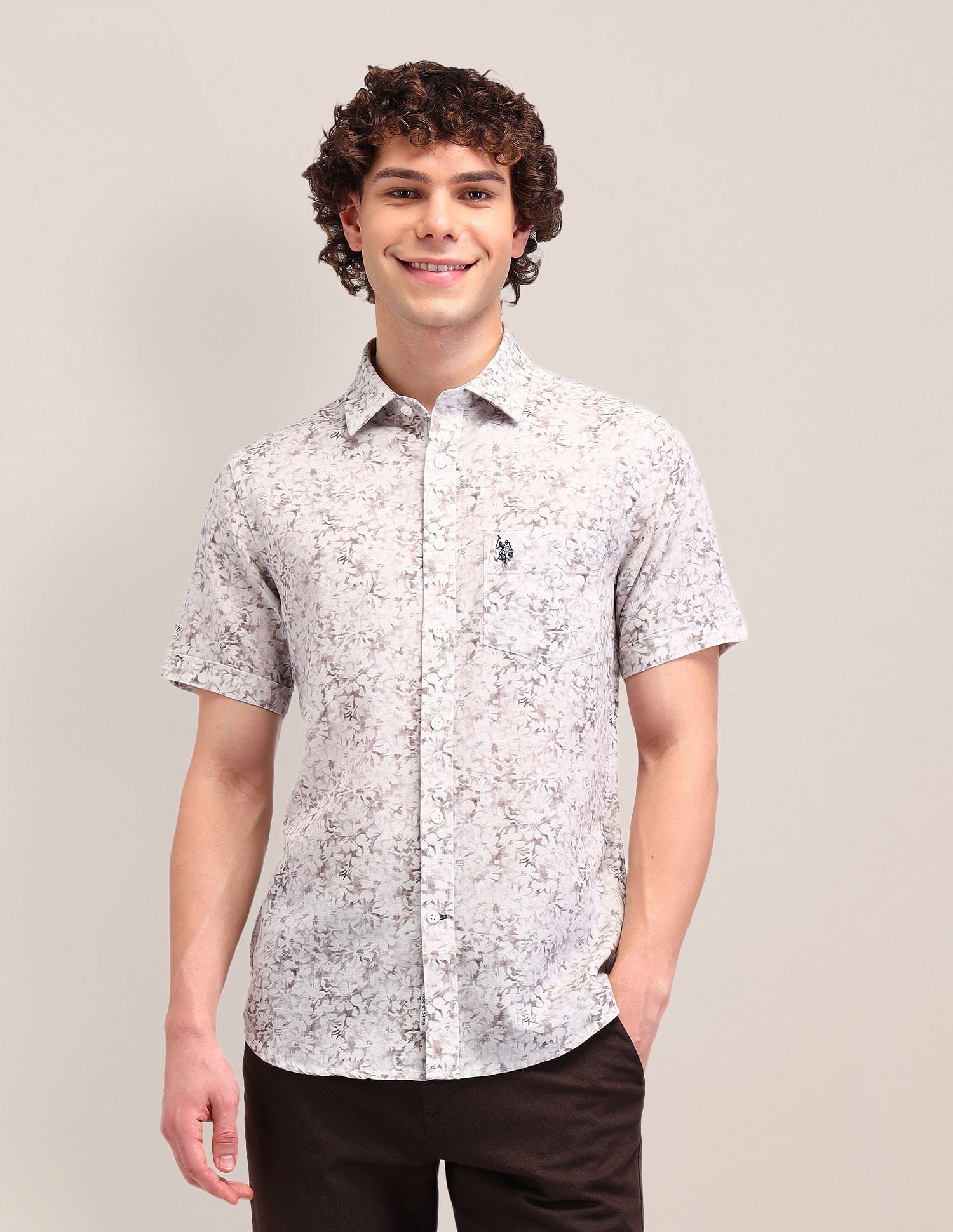 Printed Poplin Tailored Fit Shirt Grey - U.S. Polo Assn. India | Large