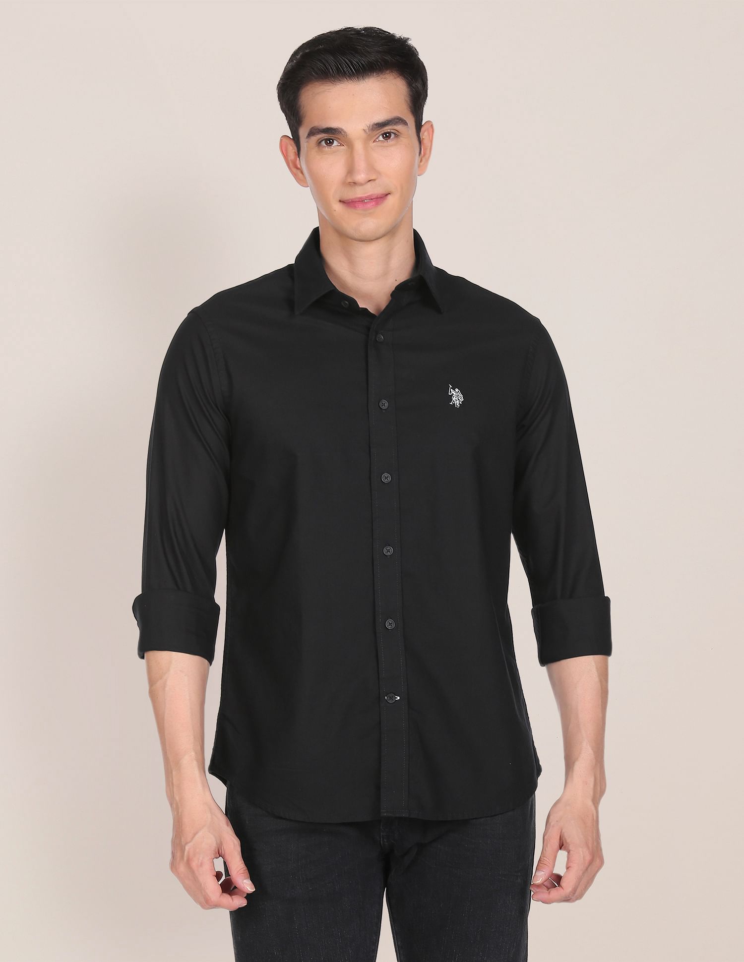 Men Black Premium Cotton Solid Casual Shirt Black - U.S. POLO ASSN. | Large