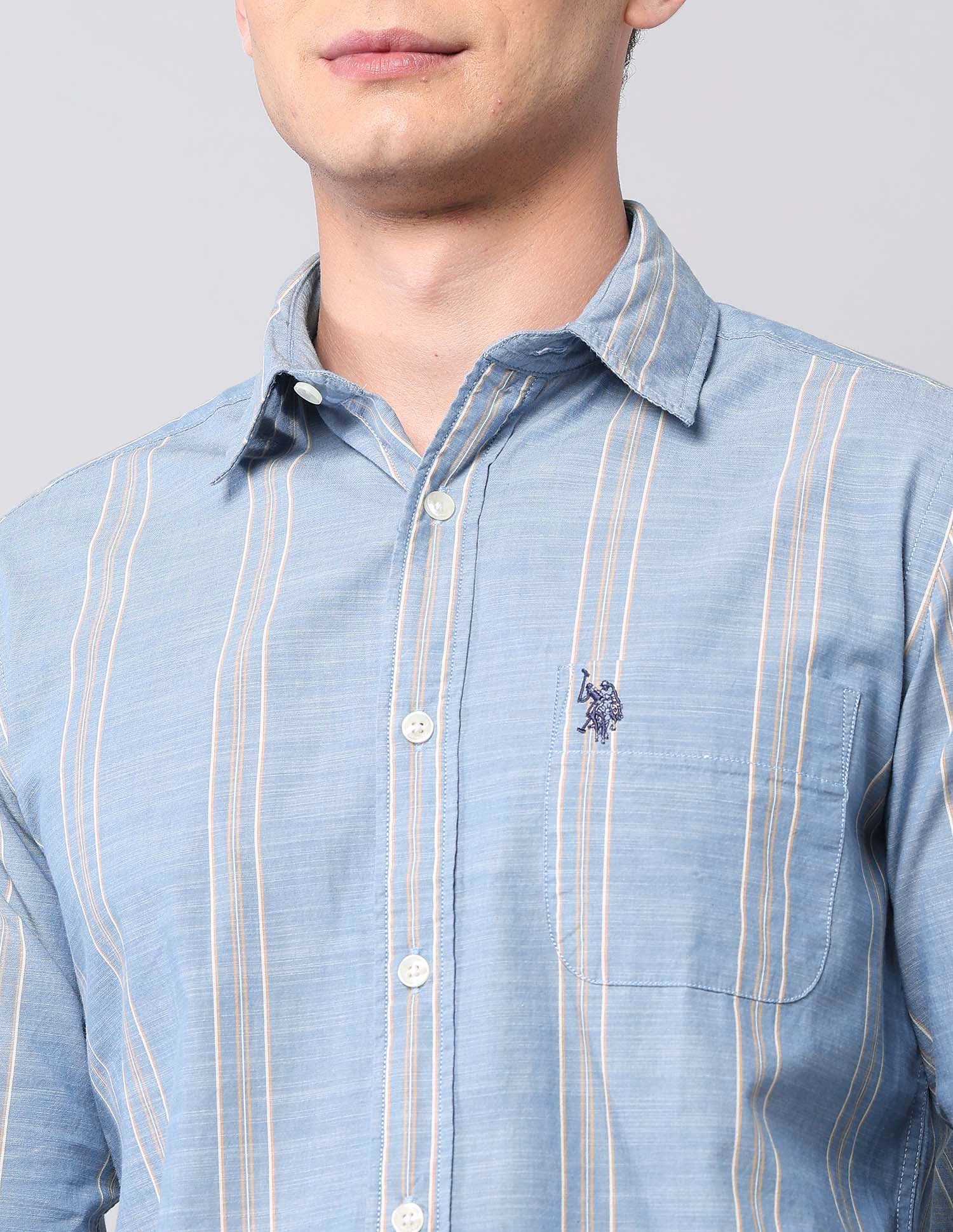 Vertical Striped Pure Cotton Shirt Blue - U.S. Polo Assn. India | Large