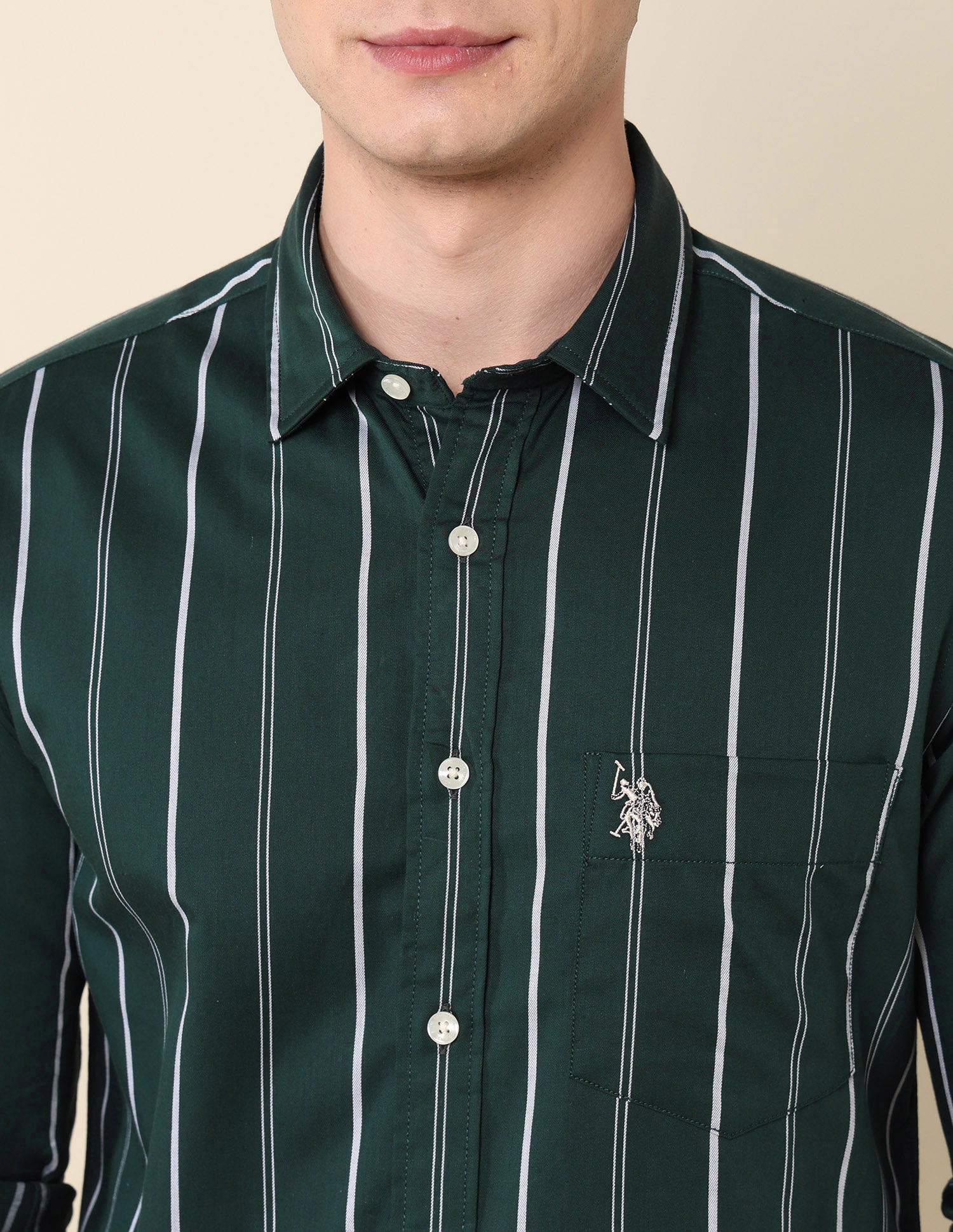 Vertical Striped Pure Cotton Shirt Dark Green - U.S. Polo Assn. India | Large