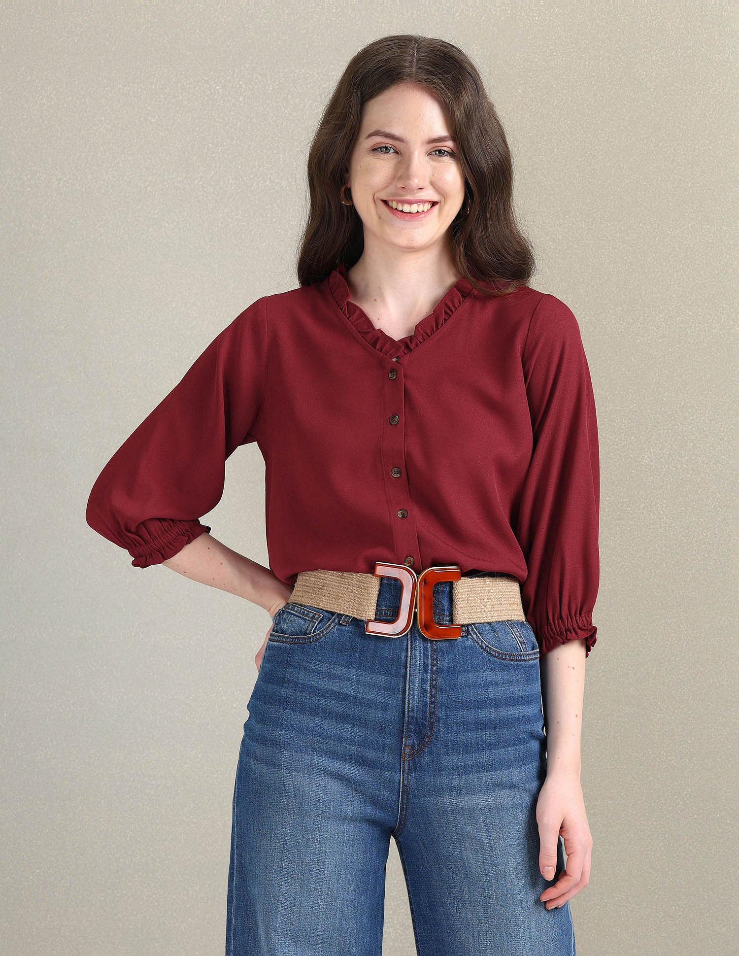 Ruffled V-Neck Solid Top Red - U.S. Polo Assn. India | Large