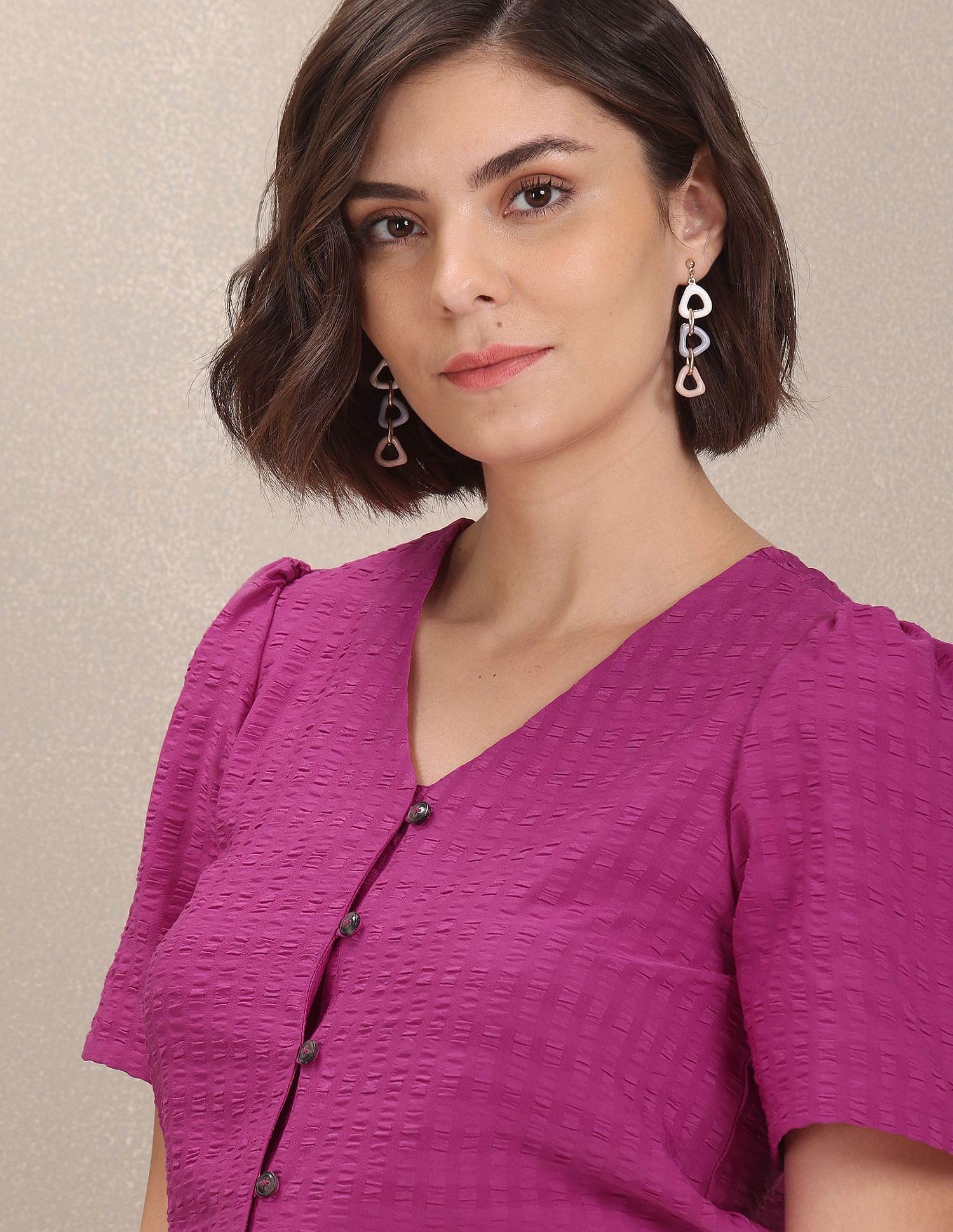 V-Neck Self Designed Top Fuchsia - U.S. Polo Assn. India | Large