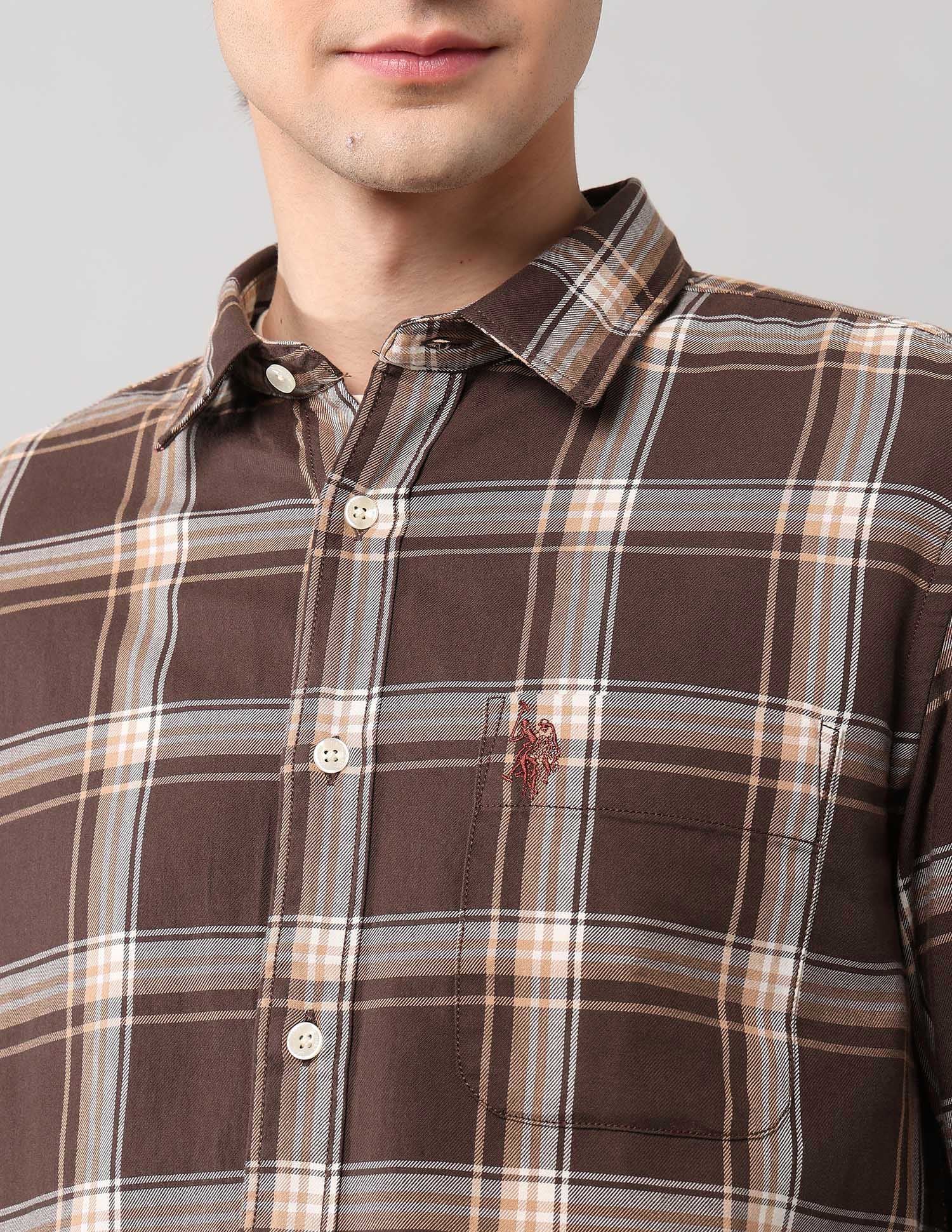 Grid Tattersall Checked Pure Cotton Shirt Brown - U.S. POLO ASSN. | Large