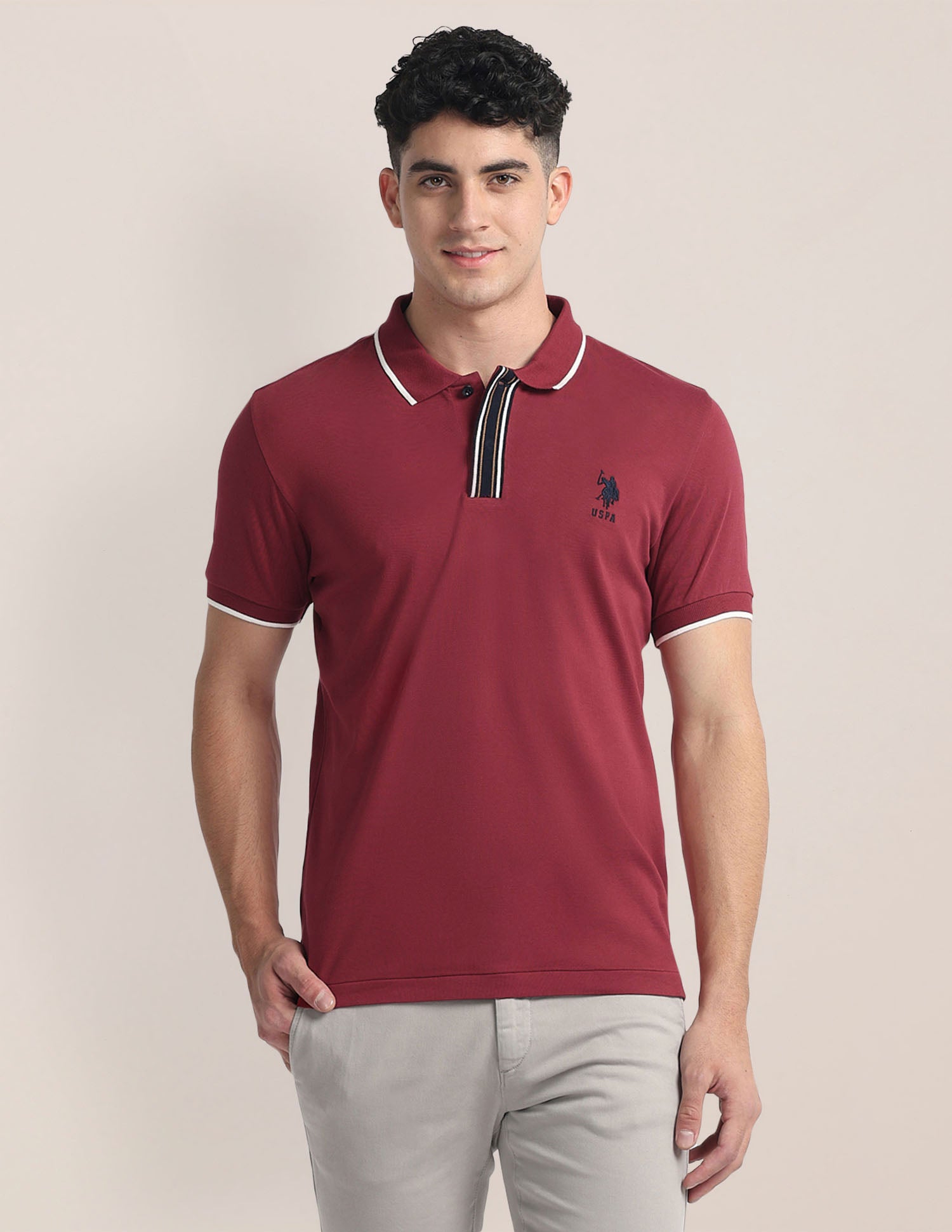 Striped Placket Slim Fit Polo Shirt Maroon - U.S. Polo Assn. India | Large