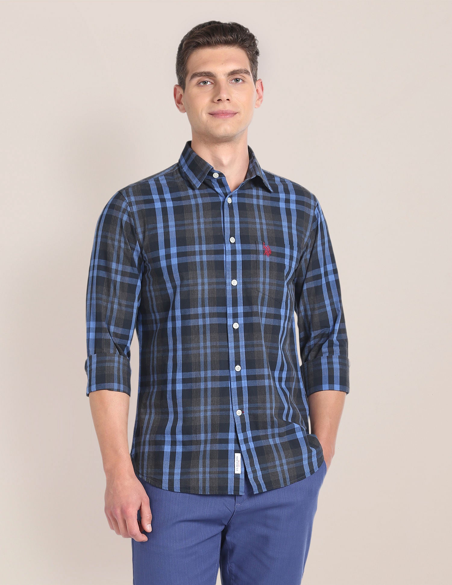 Tartan Check Cotton Shirt Dark Grey and Blue - U.S. Polo Assn. India | Large