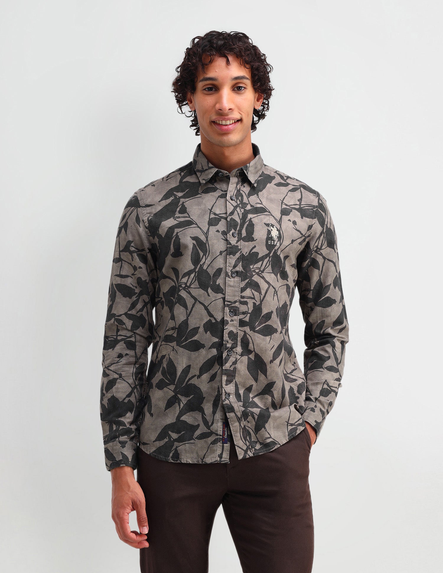 All-Over Pattern Poplin Shirt Brown - U.S. Polo Assn. India | Large