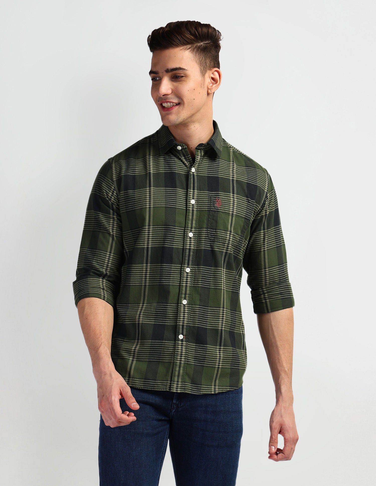 Pure Cotton Slim Shirt Olive - U.S. Polo Assn. India | Large