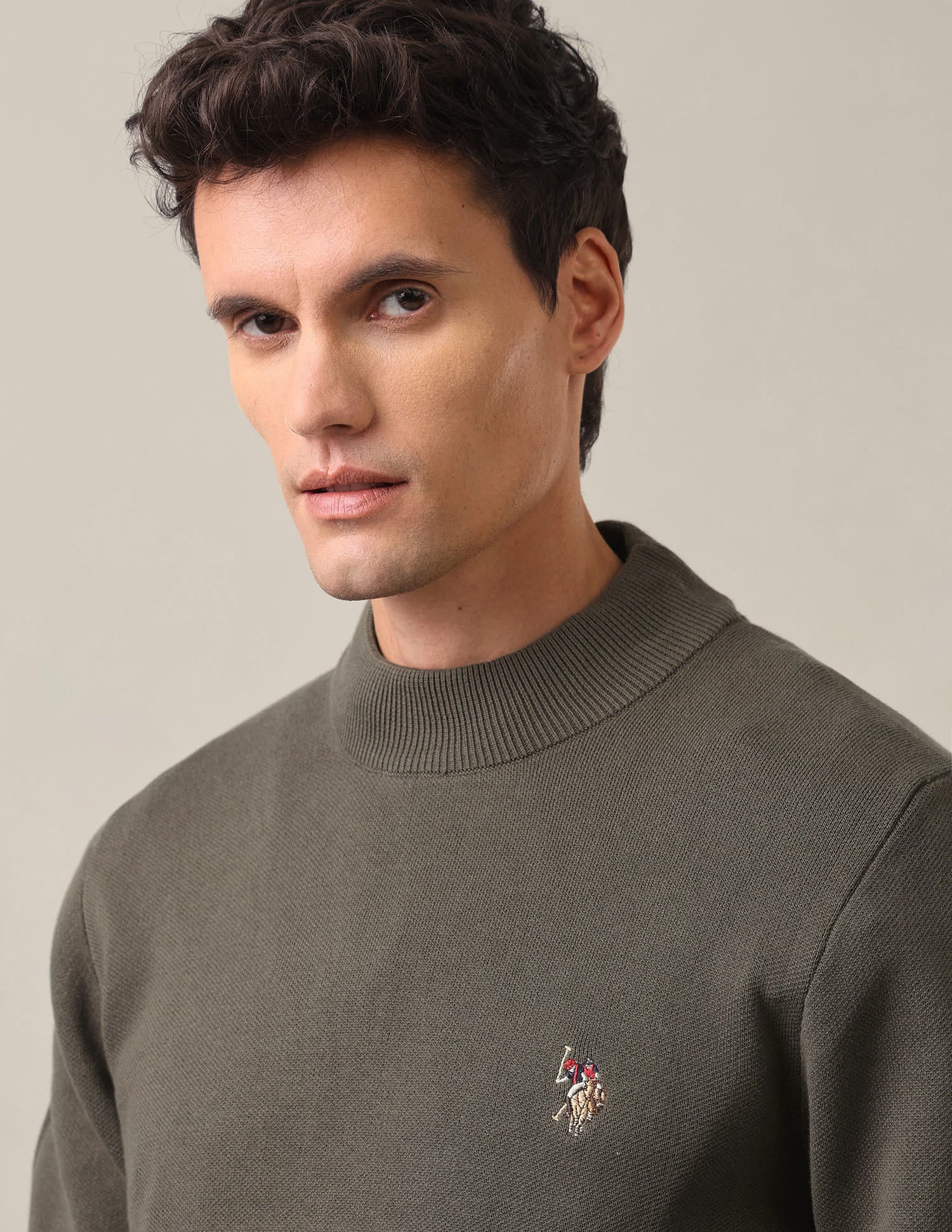 Regular Fit Solid Sweater Olive - U.S. Polo Assn. India | Large
