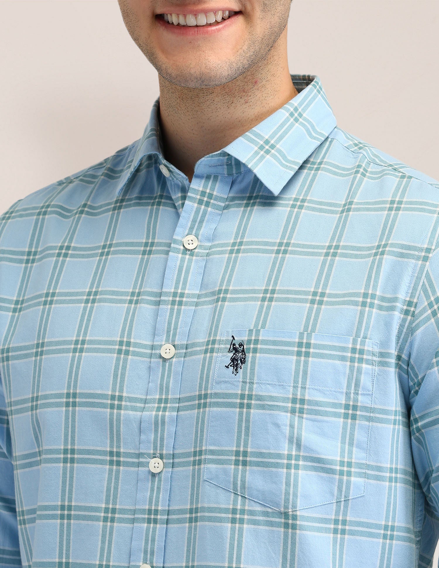 Tailored Fit Dobby Checked Shirt Light Blue - U.S. POLO ASSN. | Large