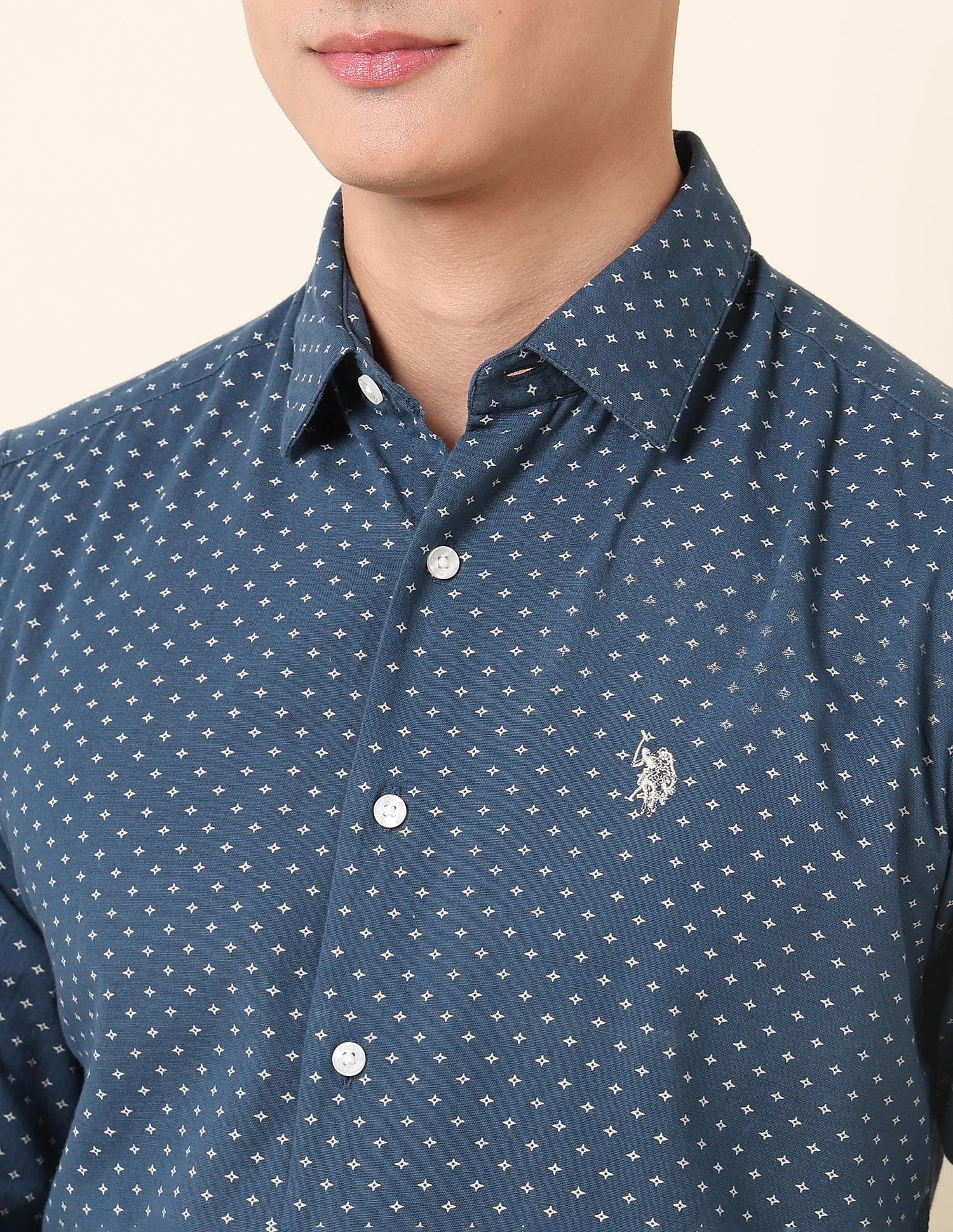 Pure Cotton Geometric Printed Shirt Teal - U.S. Polo Assn. India | Large