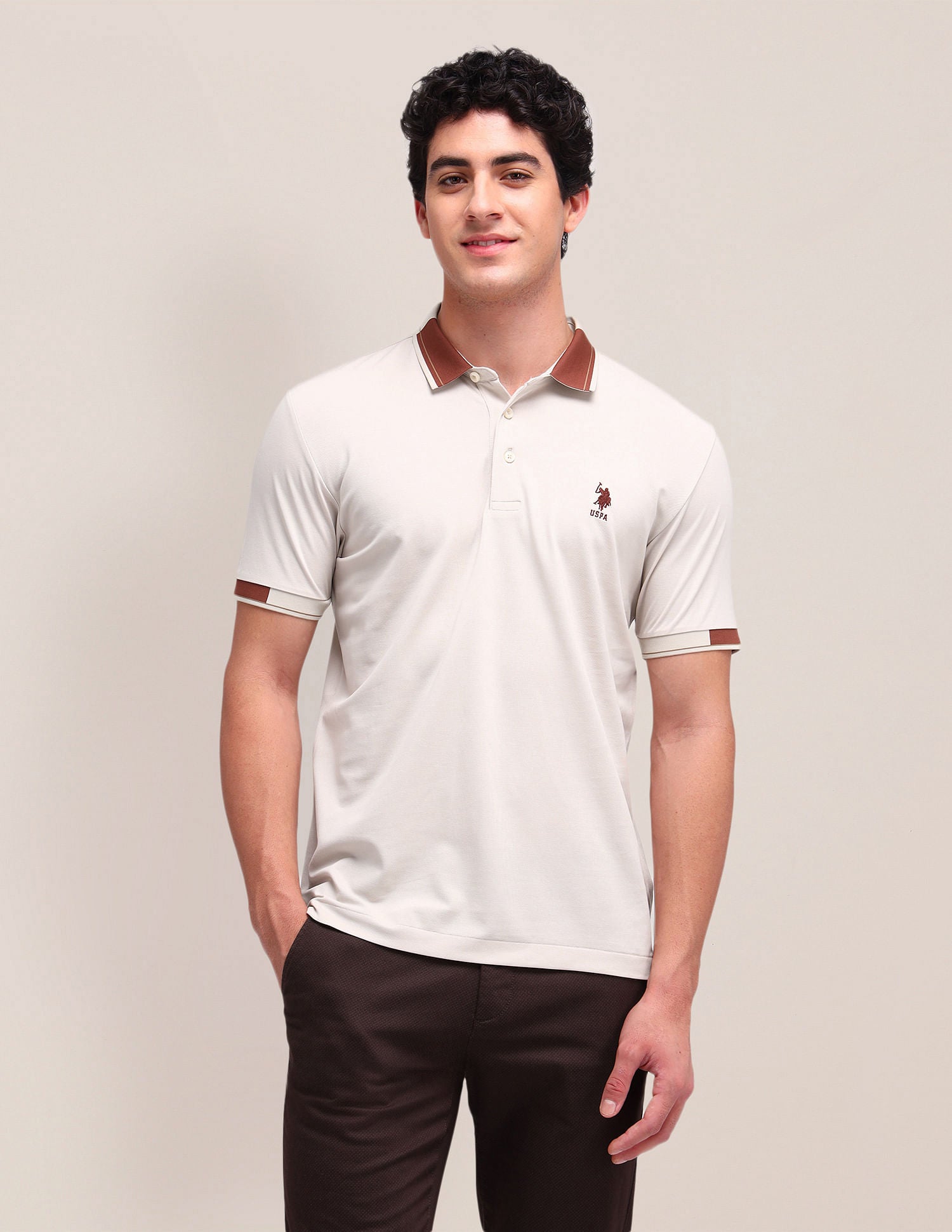 Solid Slim Fit Polo Shirt Beige - U.S. Polo Assn. India | Large
