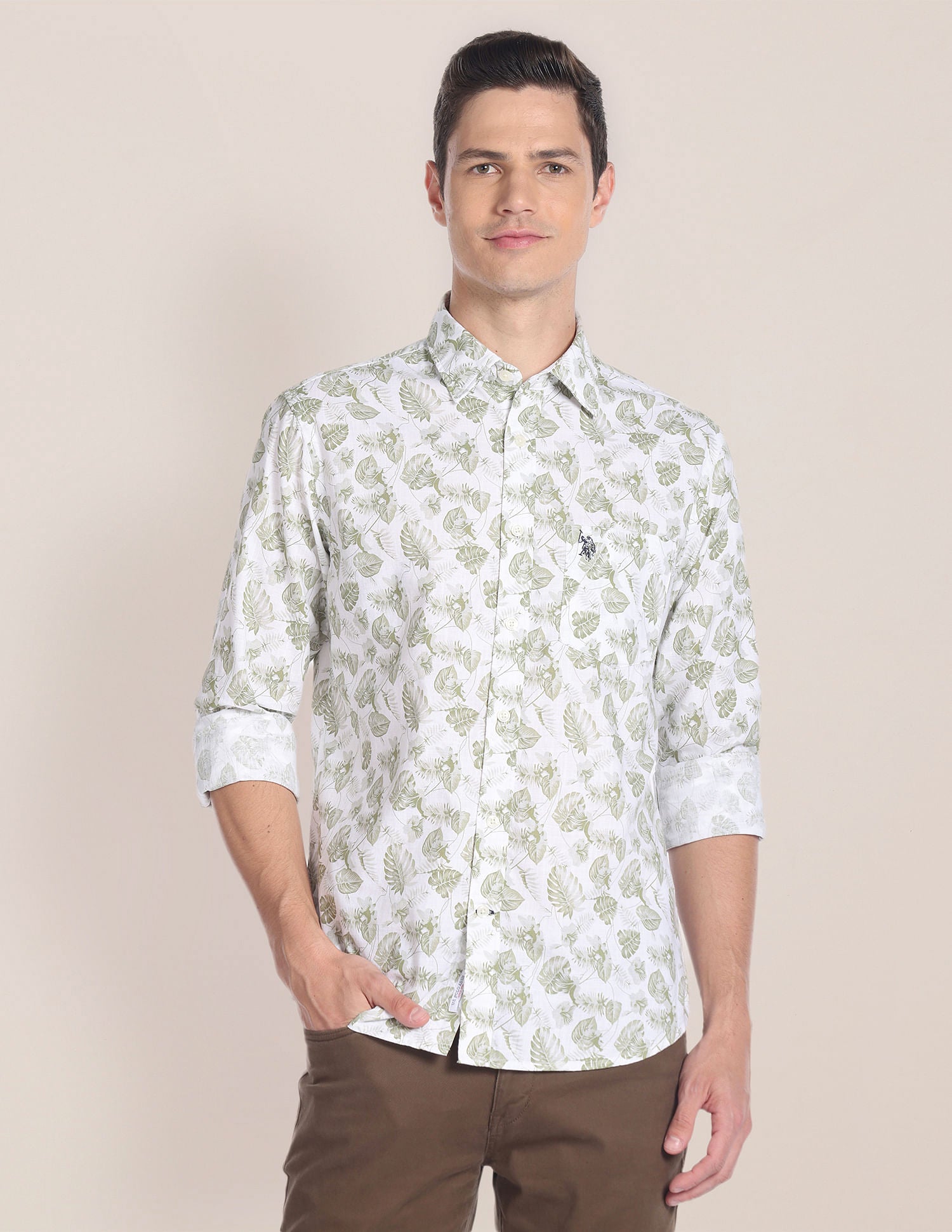 Tropical Print Cotton Shirt Olive - U.S. Polo Assn. India | Large