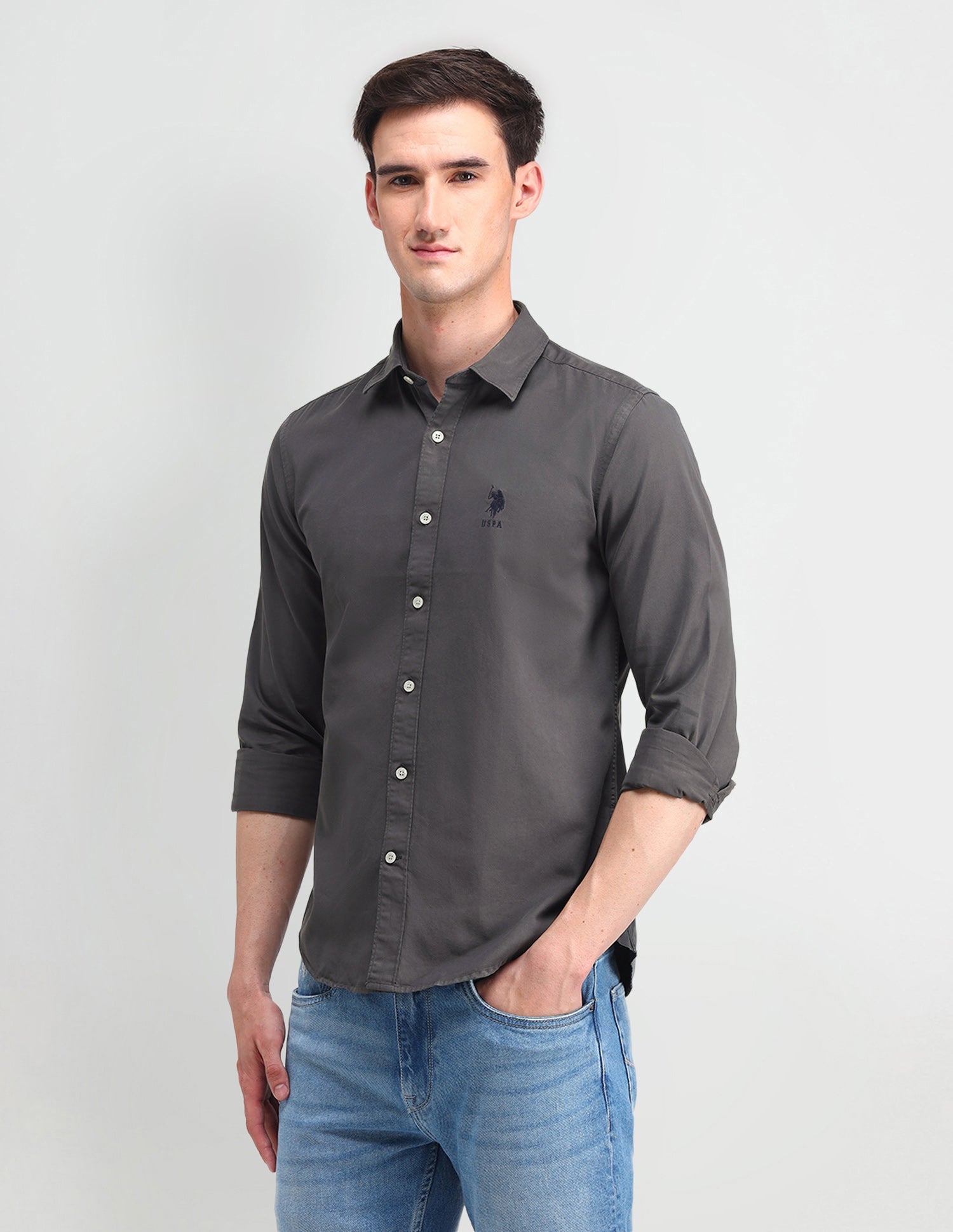 Slim Fit Cotton Shirt Light Grey - U.S. POLO ASSN. | Large