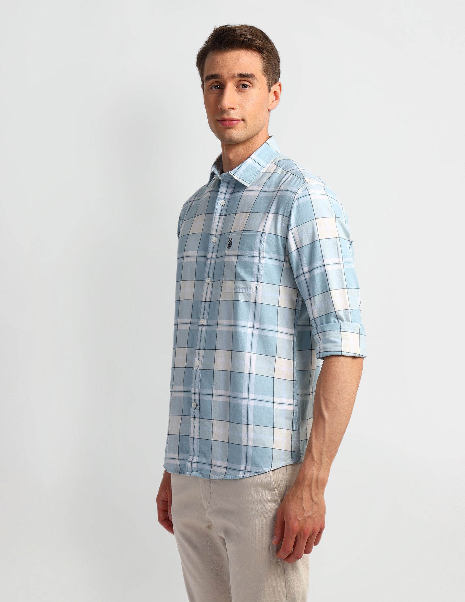 Windowpane Checked Slim Fit Shirt Light-Blue - U.S. Polo Assn. India | Large
