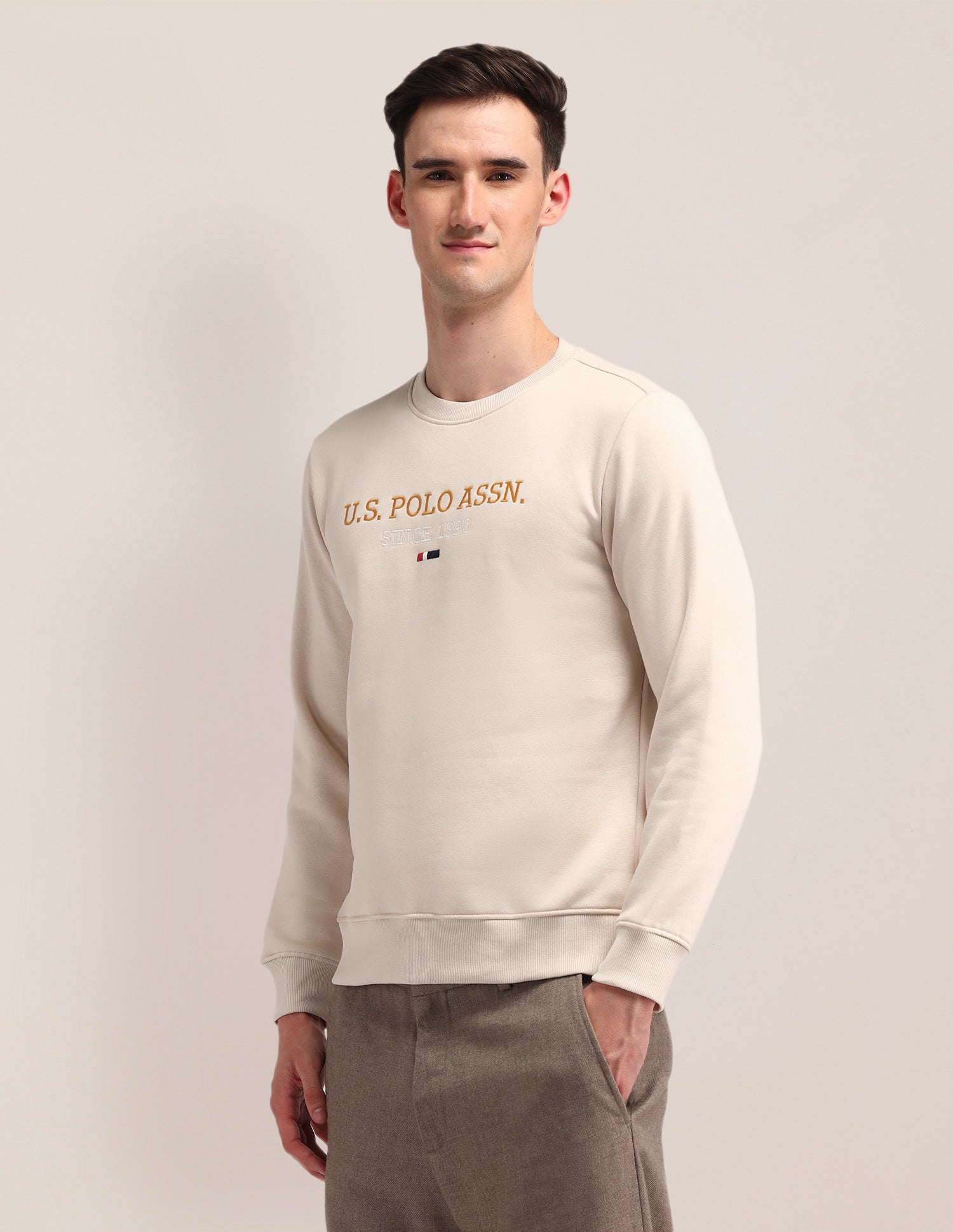 Crew Neck Brand Printed Sweatshirt Beige - U.S. POLO ASSN. | Large