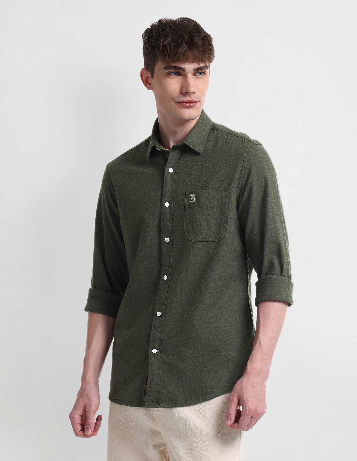 Solid Slim Fit Shirt Olive - U.S. Polo Assn. India | Large