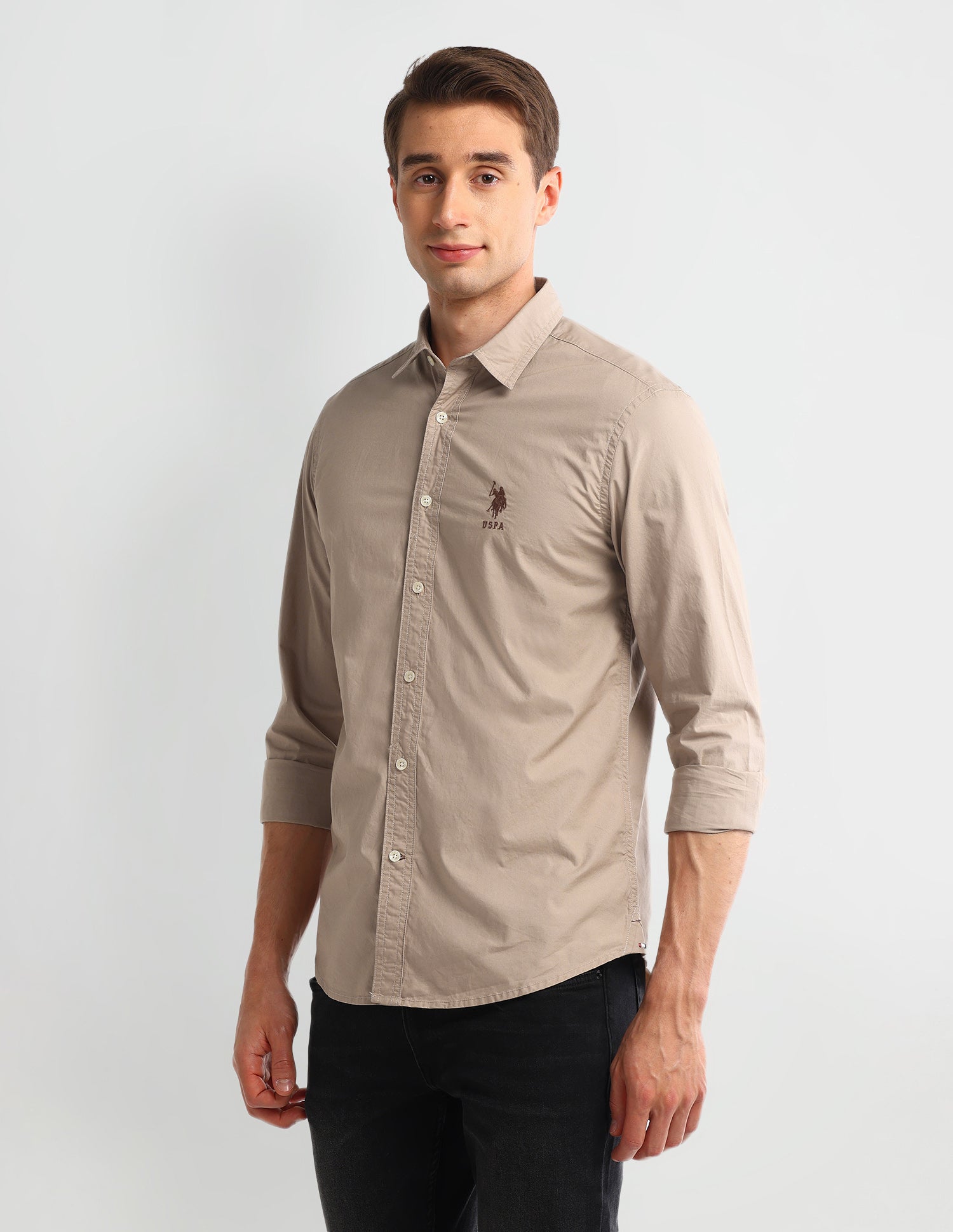 Solid Slim Fit Shirt Beige - U.S. Polo Assn. India | Large