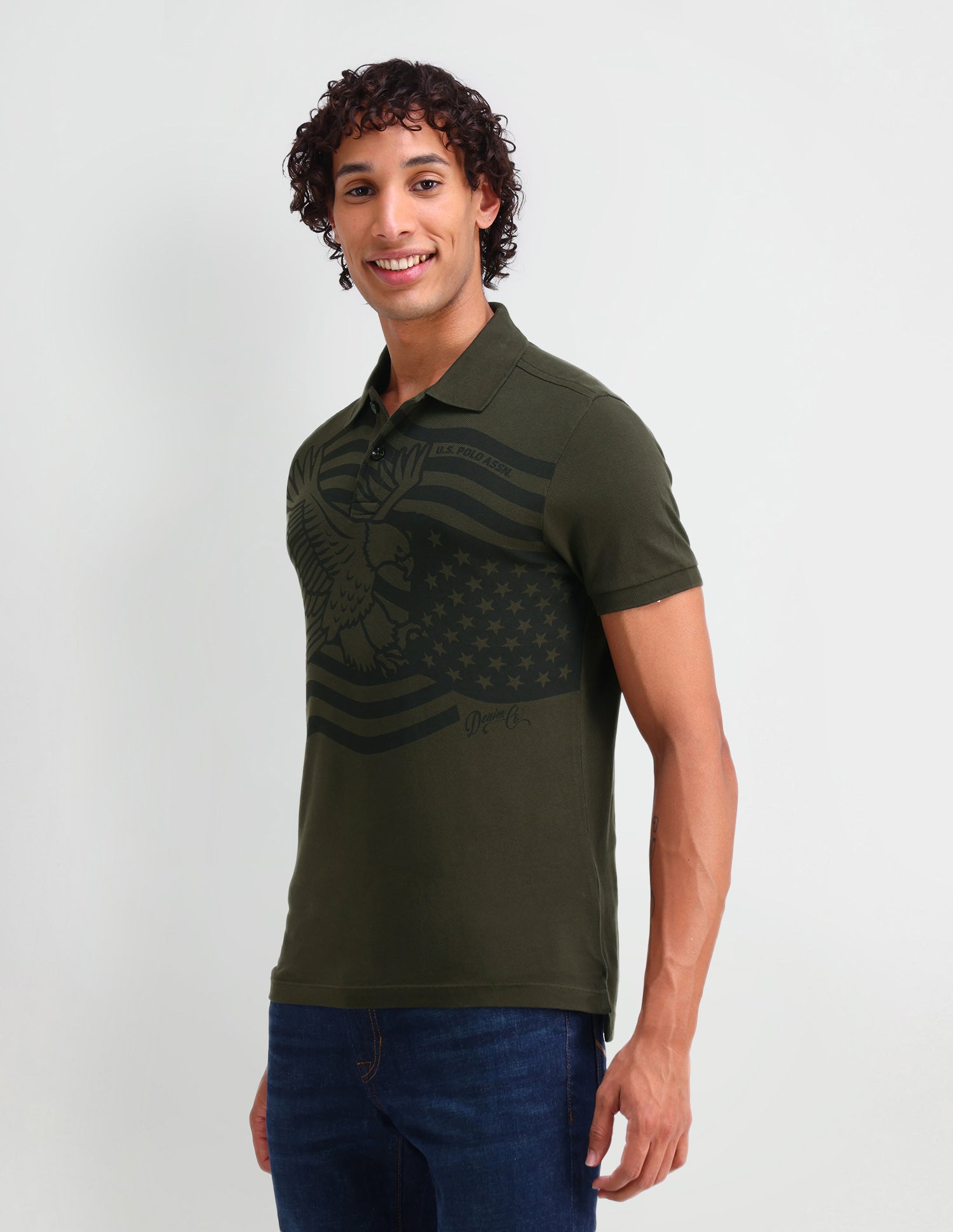 Graphic Printed Muscle Fit Polo Shirt Olive Branch - U.S. Polo Assn. India | Large