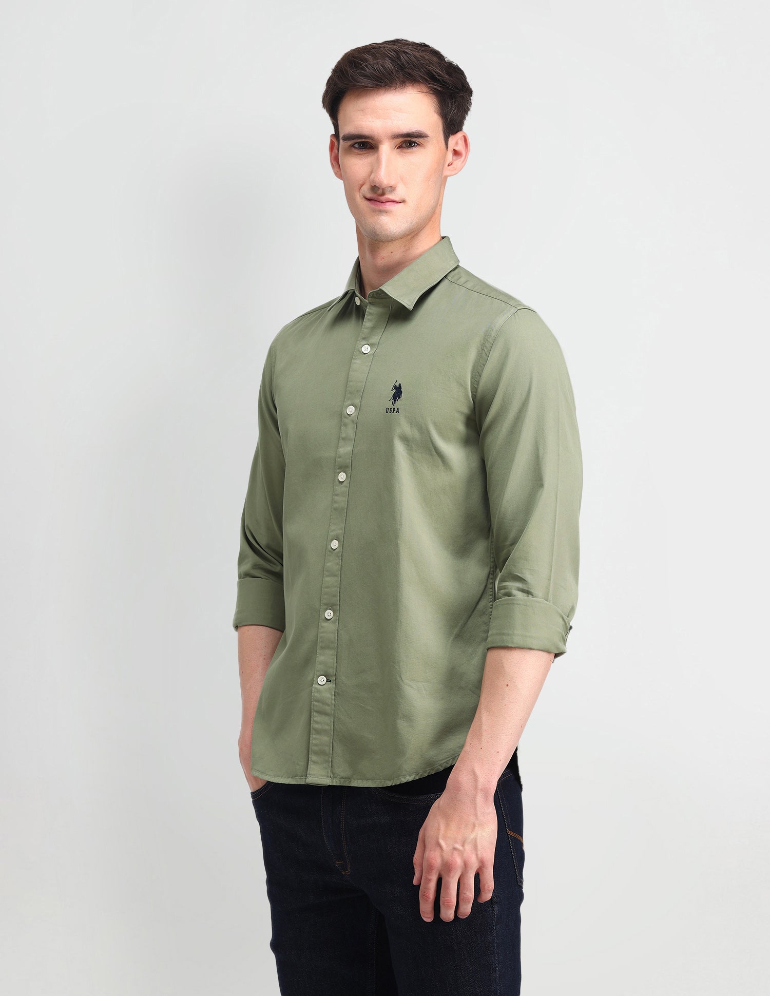 Slim Fit Cotton Shirt Green - U.S. POLO ASSN. | Large
