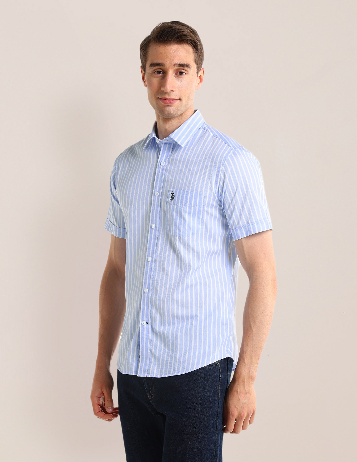 Regular Fit Dobby Cotton Shirt Light Blue - U.S. Polo Assn. India | Large