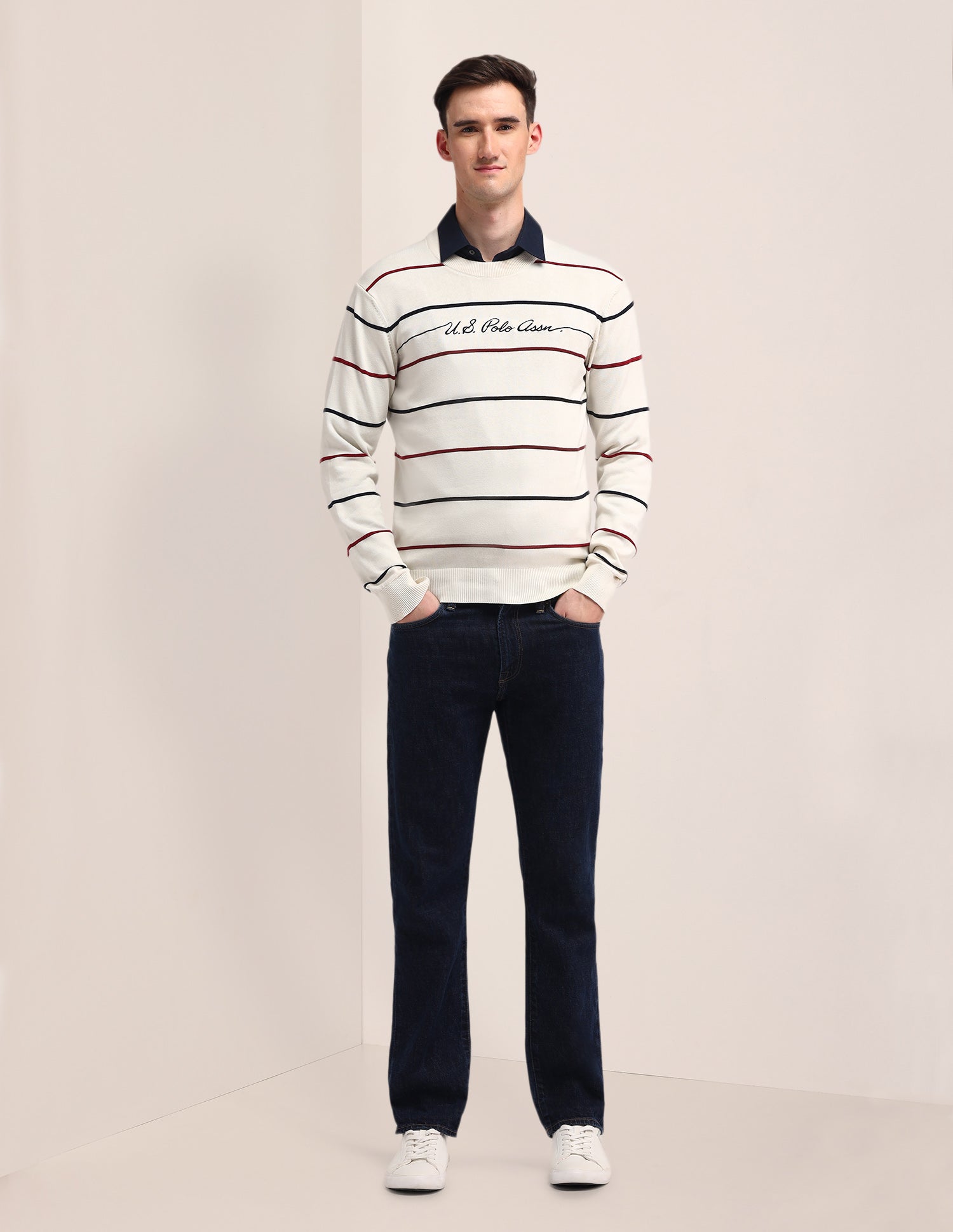 Crew Neck Horizontal Striped Sweater Off White - U.S. POLO ASSN. | Large