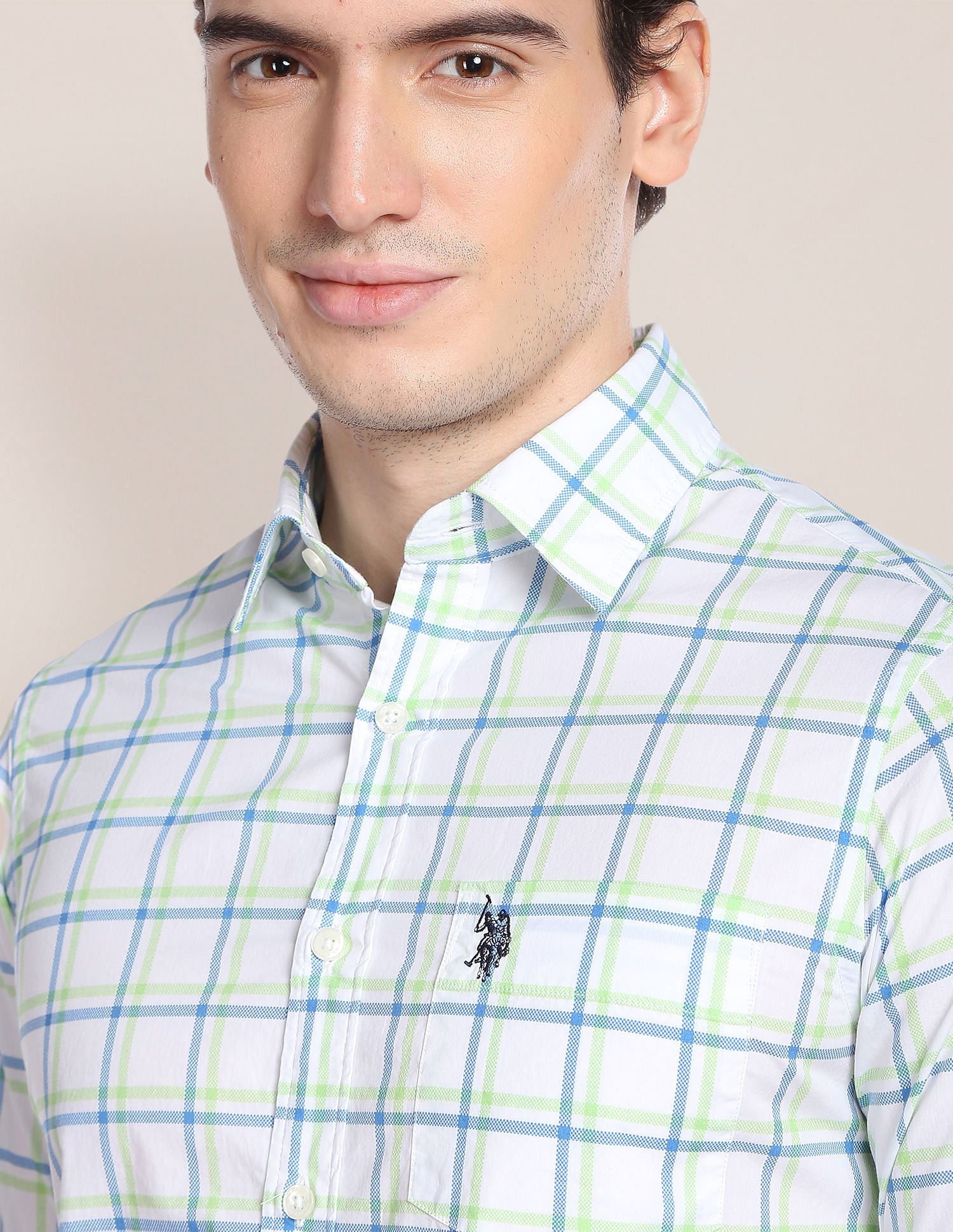 Cotton Tartan Check Shirt Light Green and Blue - U.S. POLO ASSN. | Large