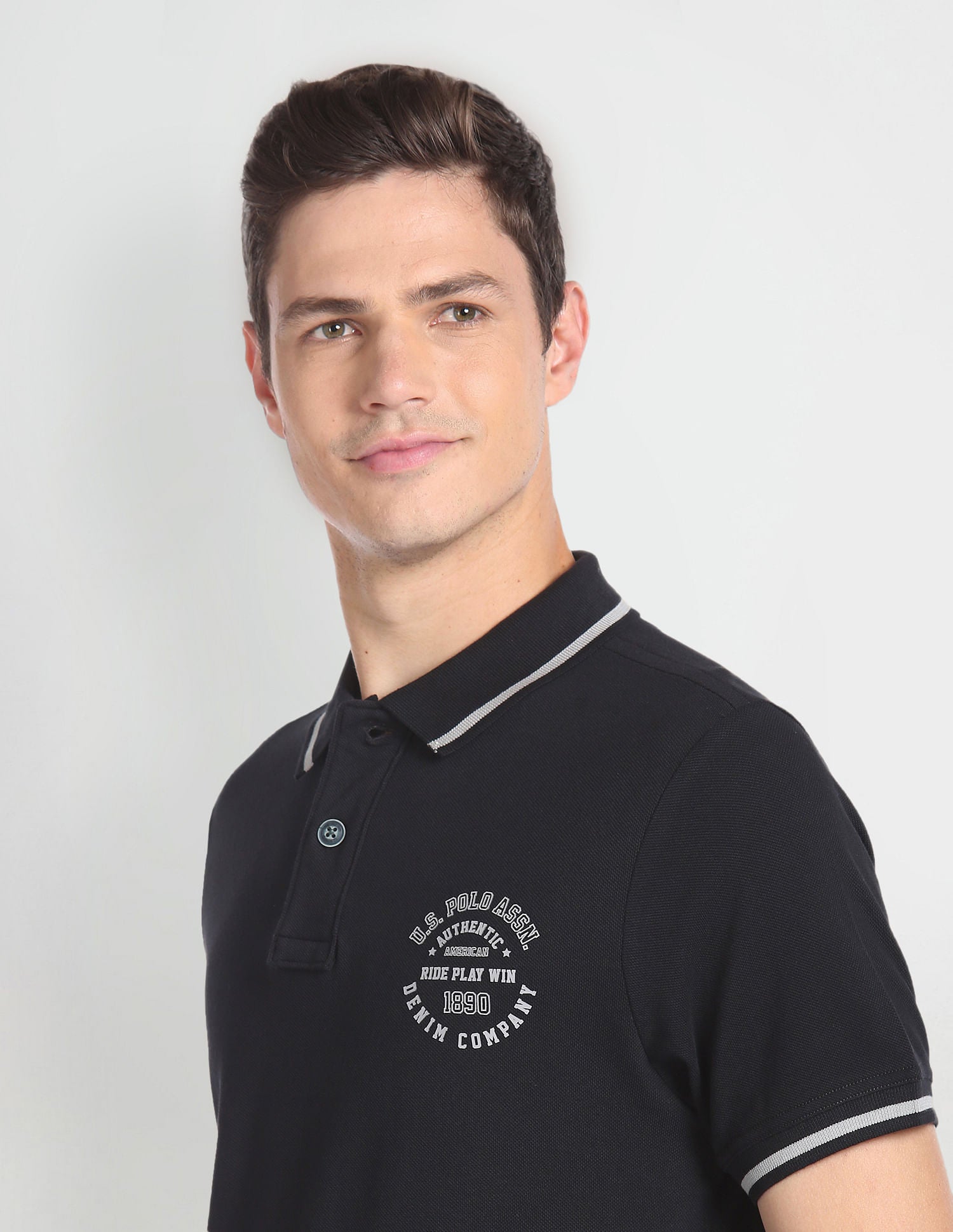 Striped Collar Cotton Polo Shirt Black - U.S. POLO ASSN. | Large