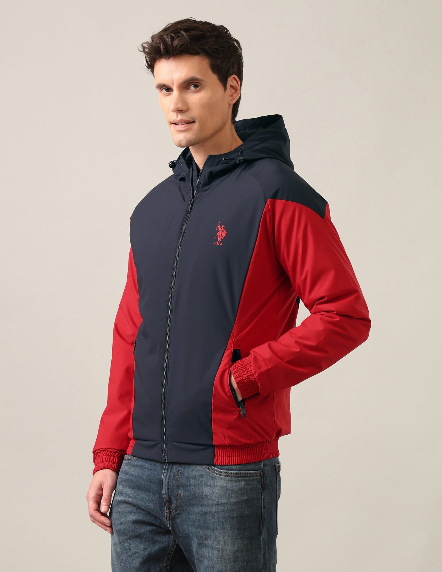 Colour Block Logo Hooded Jacket Navy and Red - U.S. Polo Assn. India | Large