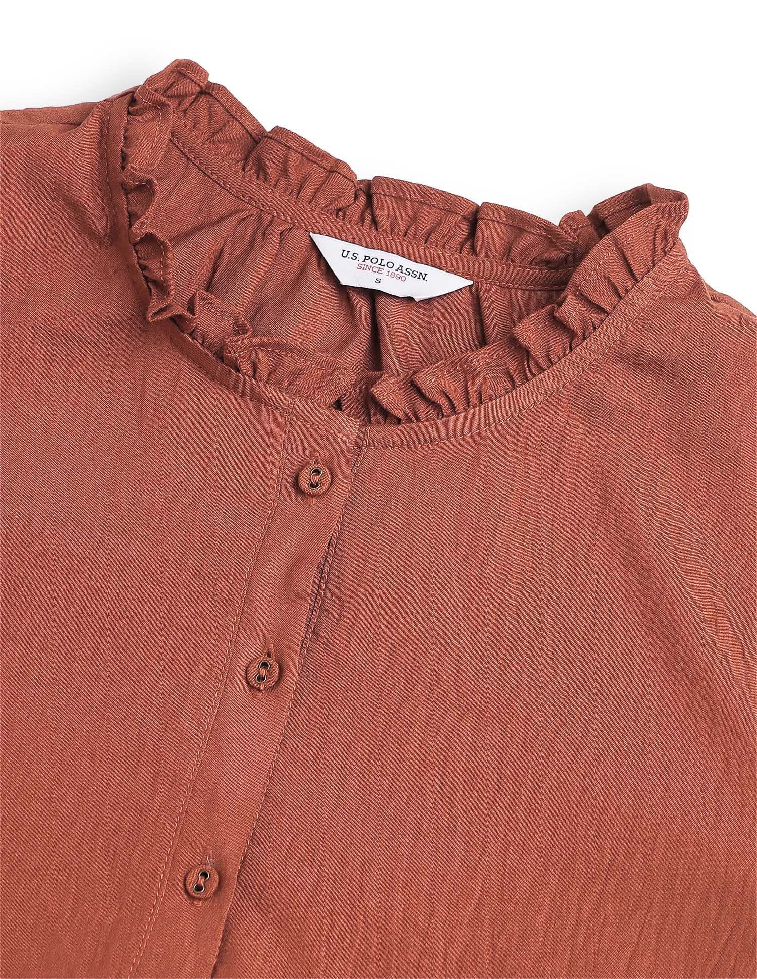 Solid Ruffle Neck Puff Sleeve Top Brown - U.S. Polo Assn. India | Large