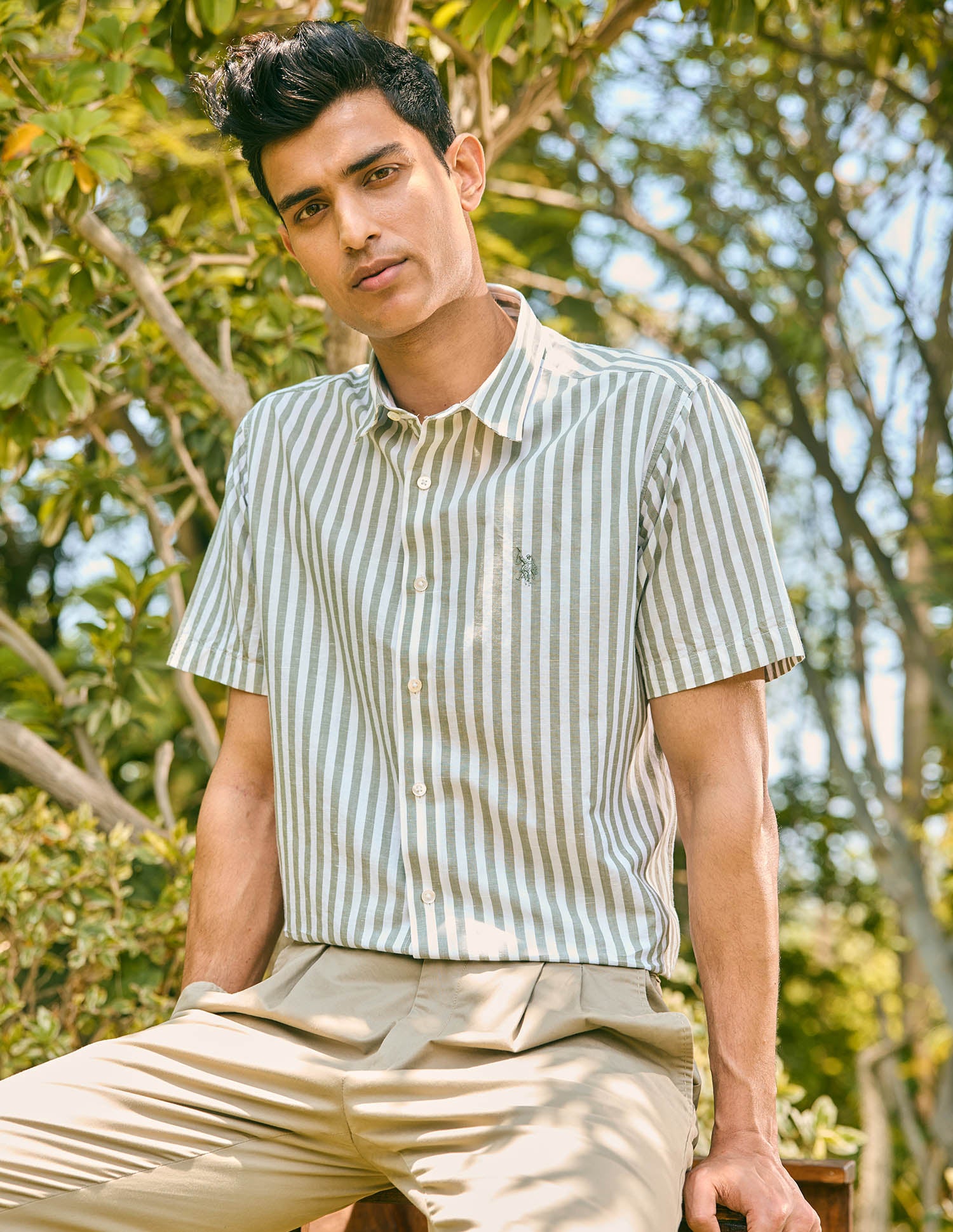 Pacho X Vertical Stripe Cotton Linen Shirt Light Green - U.S. POLO ASSN. | Large