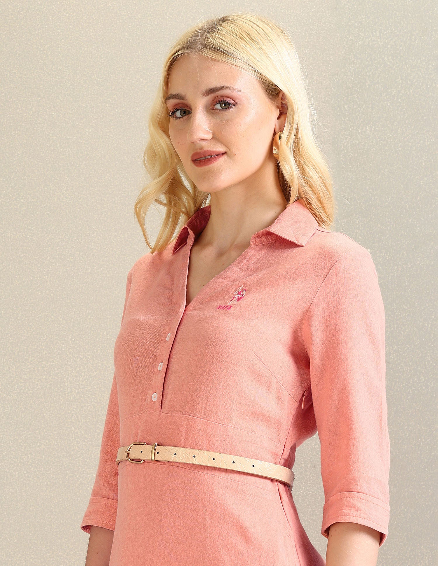 Solid Linen Viscose A-Line Dress Coral - U.S. Polo Assn. India | Large