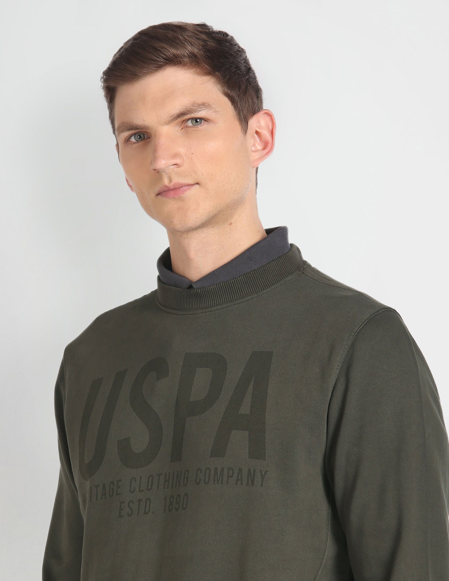 Crew Neck Brand Print Sweatshirt Olive - U.S. POLO ASSN. | Large