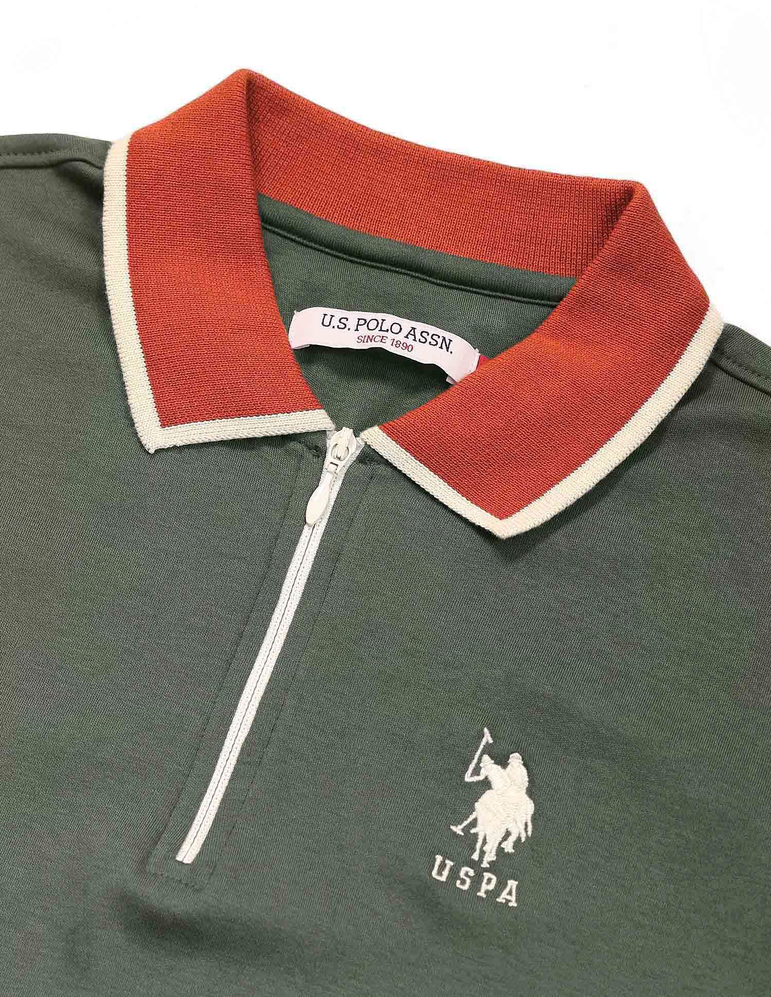 Polo Collar Cotton Tshirt With Zip Dk-olive - U.S. POLO ASSN. | Large