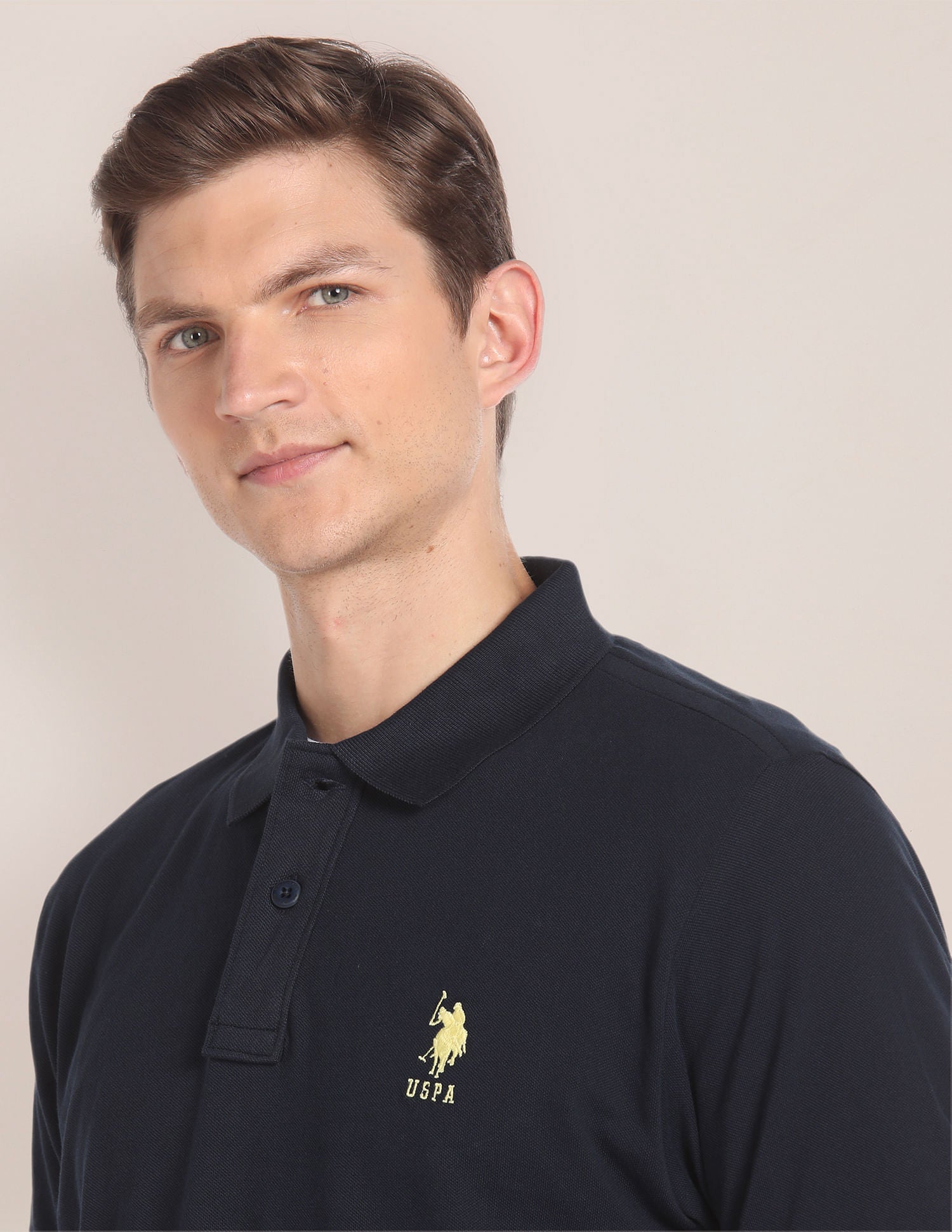 Men Navy Blue Pique Solid Polo Shirt Navy - U.S. Polo Assn. India | Large