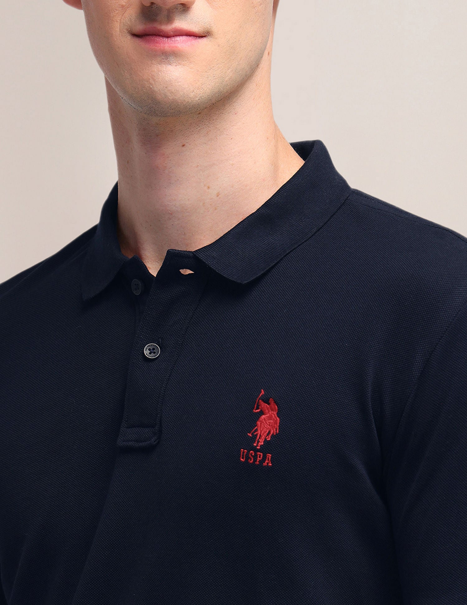 Solid Slim Fit Pure Cotton Polo Shirt Navy - U.S. POLO ASSN. | Large