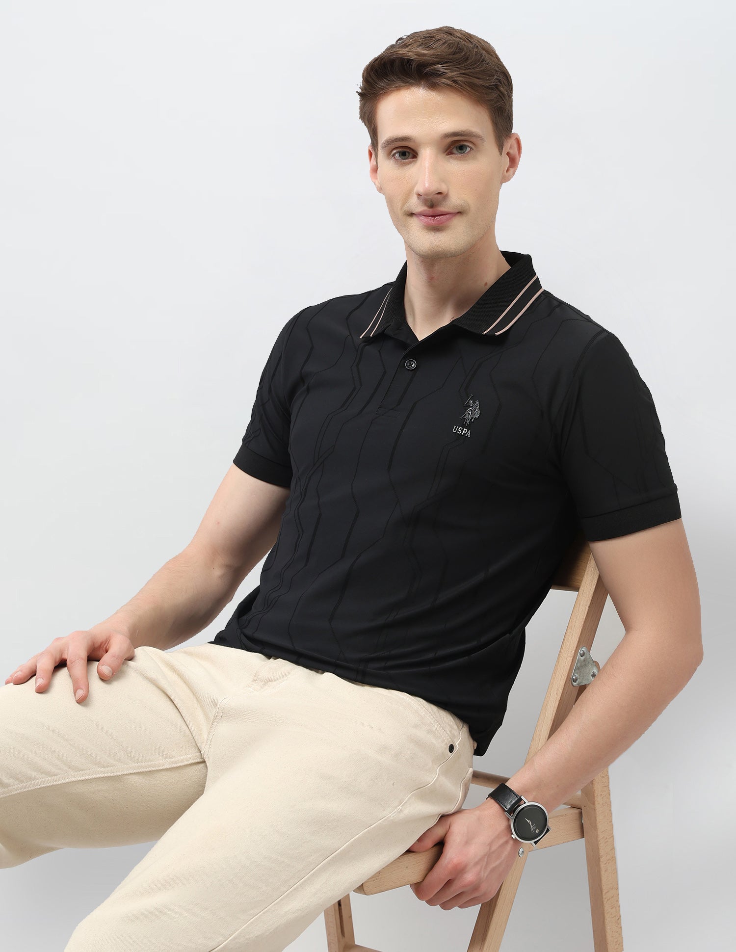 Textured Geometric Slim Fit Black & Gold Polo Shirt Black - U.S. Polo Assn. India | Large
