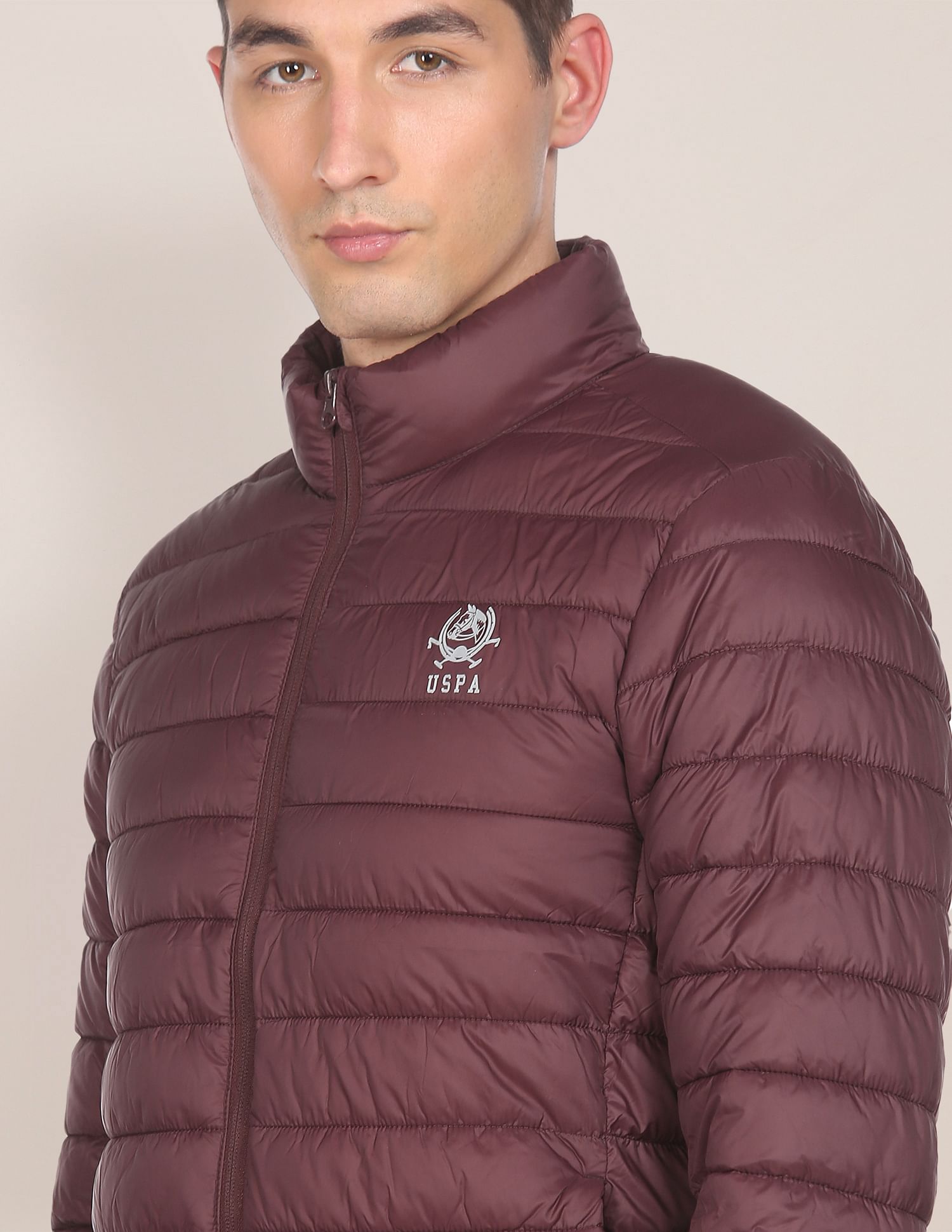 High Neck Nylon Solid Puffer Jacket Maroon - U.S. POLO ASSN. | Large