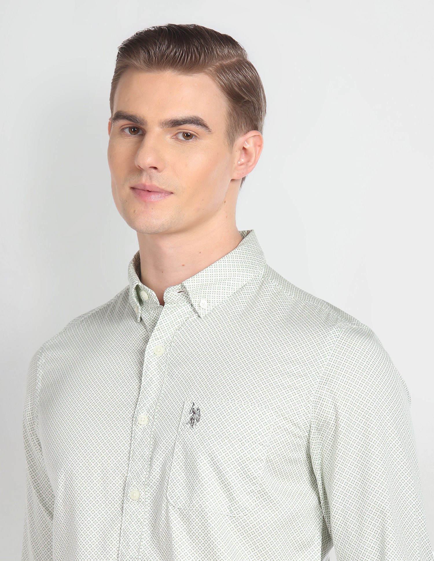 Button Down Collar Geometric Print Shirt Ivory and Green - U.S. Polo Assn. India | Large