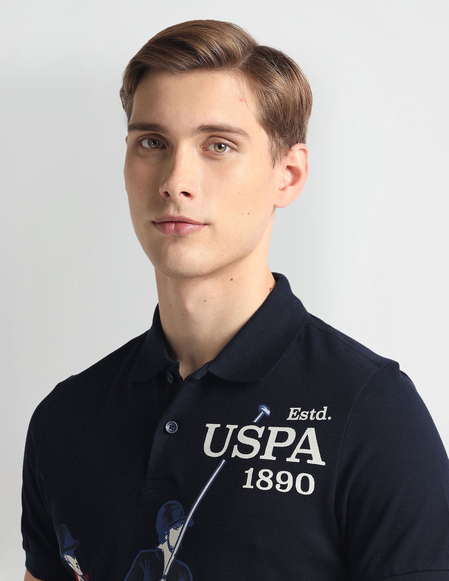 Ribbed Collar Brand Print Polo Shirt Blue - U.S. Polo Assn. India | Large