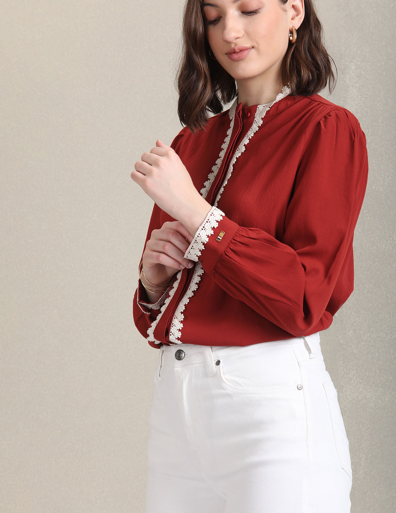 Round Neck Lace Trim Top Rust - U.S. POLO ASSN. | Large