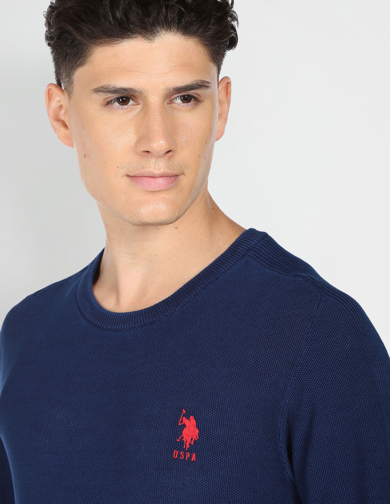 Men Navy Crew Neck Cotton Textured Sweater – Polo India