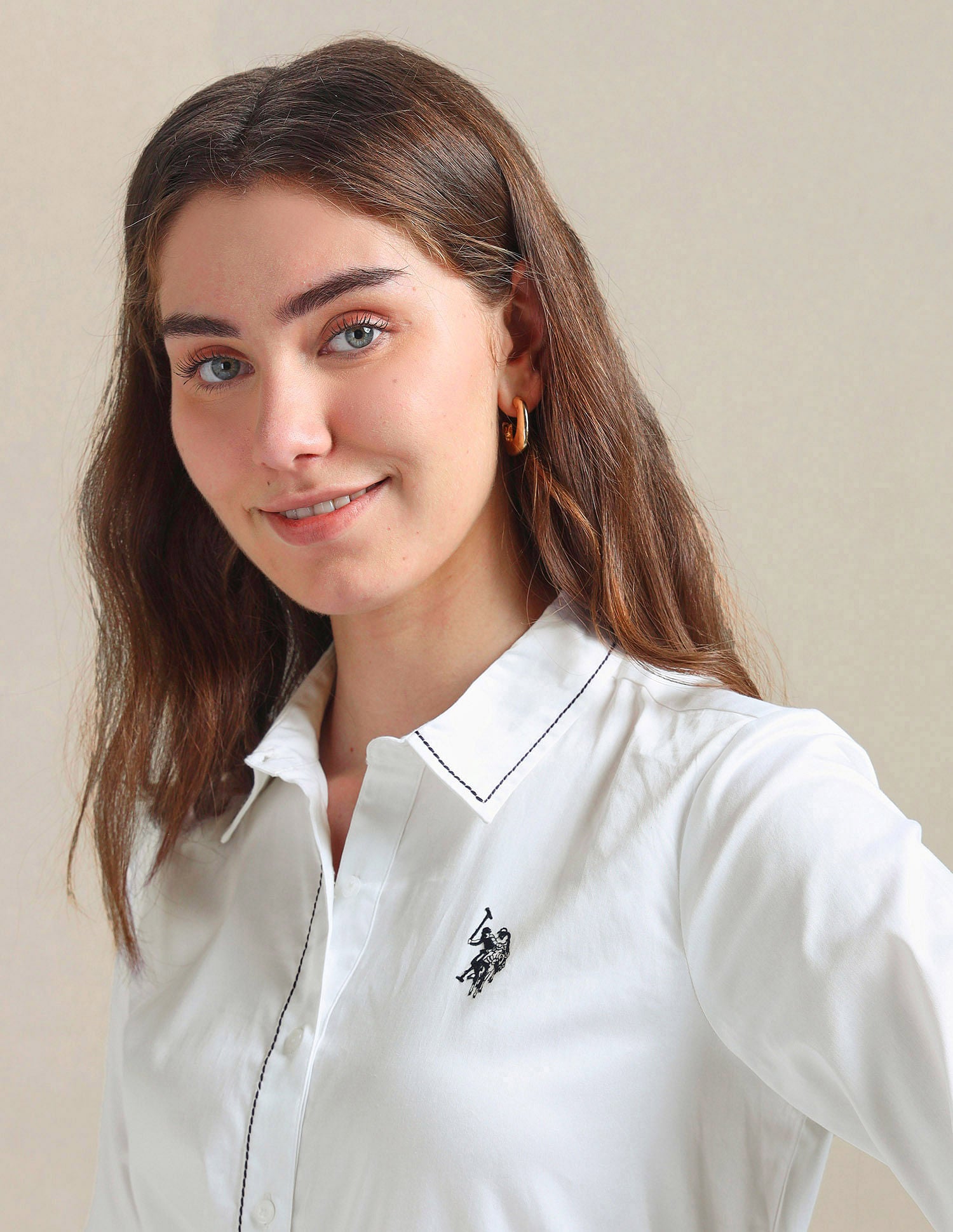 Contrast Saddle Stitch Cotton Shirt White - U.S. POLO ASSN. | Large