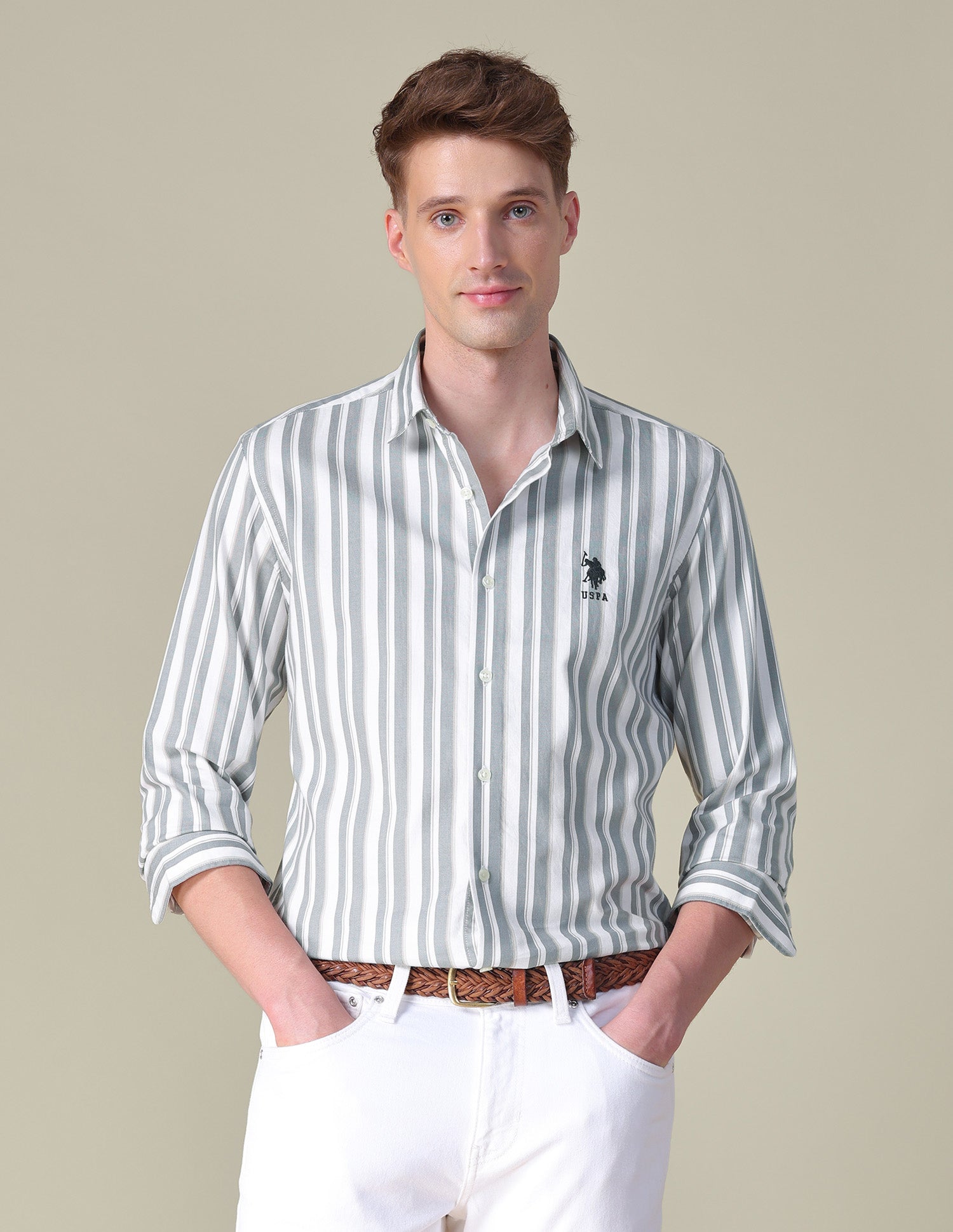 Vertical Striped Twill Shirt Light Olive - U.S. POLO ASSN. | Large